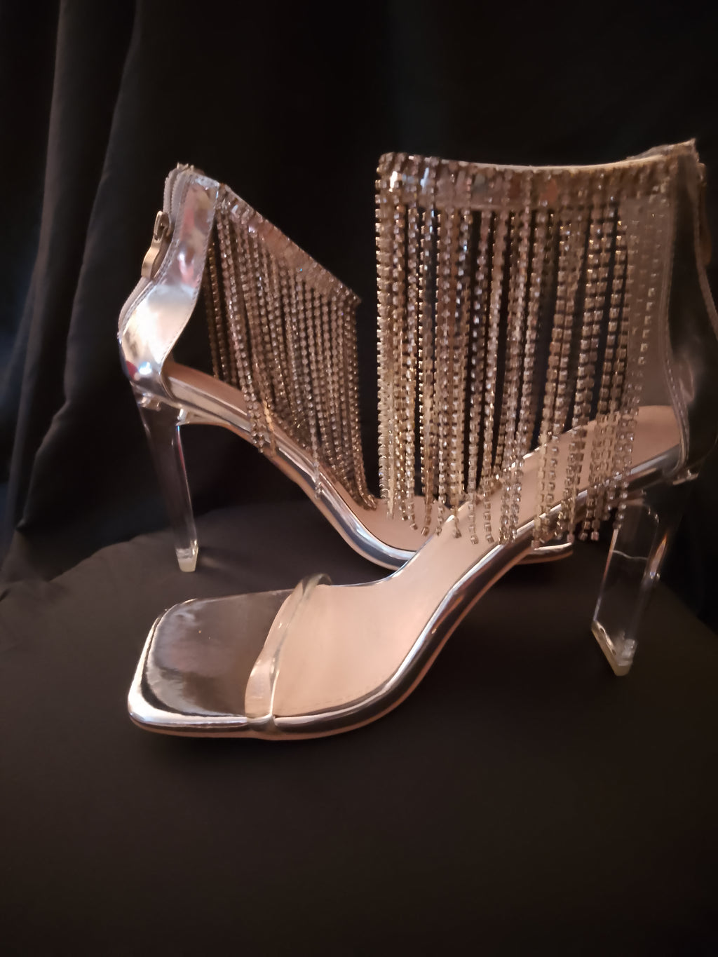 Platinum Sway To The Beat Cascade Tassel Clear Heel Pumps