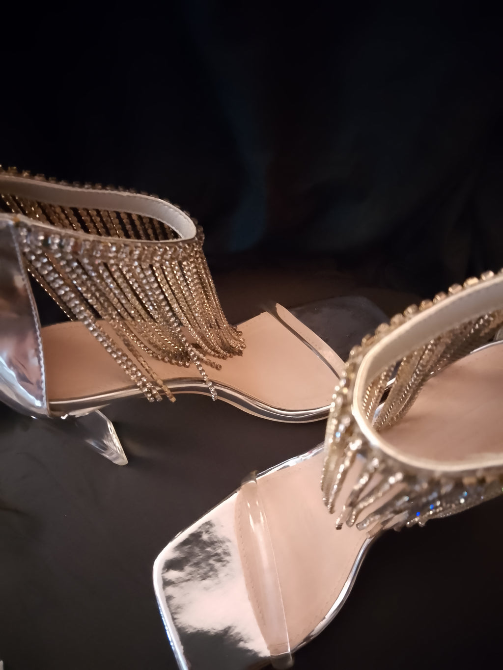 Platinum Sway To The Beat Cascade Tassel Clear Heel Pumps