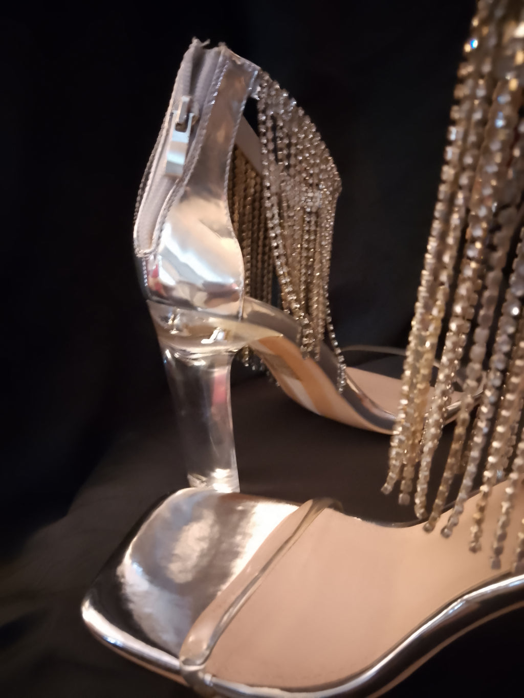Platinum Sway To The Beat Cascade Tassel Clear Heel Pumps