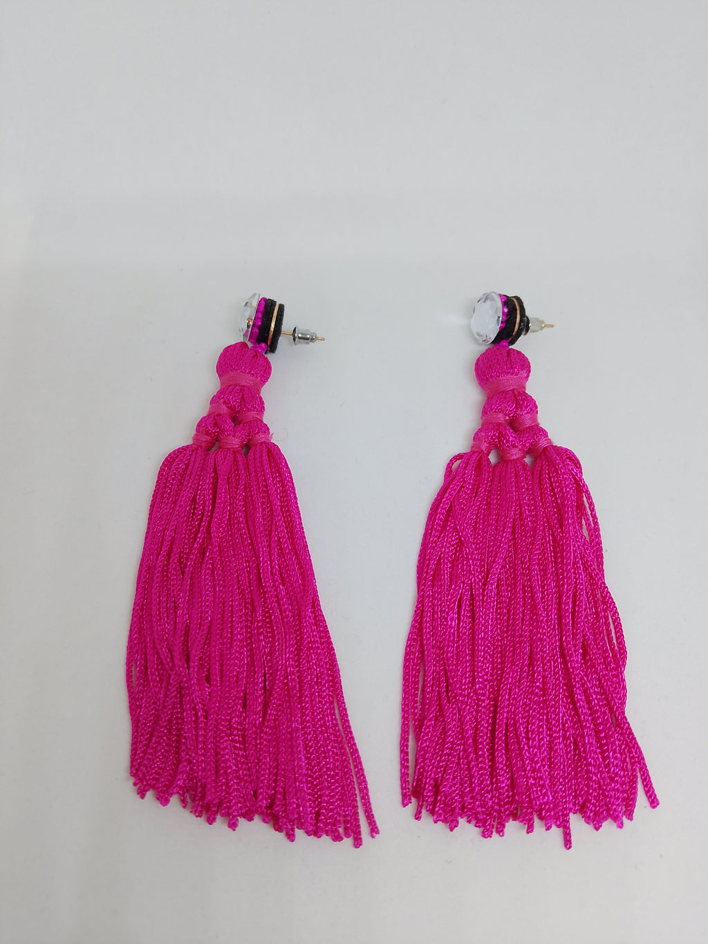 Electric Hot Pink Blushing Bloom Long Tassel Dangle Drop Earrings