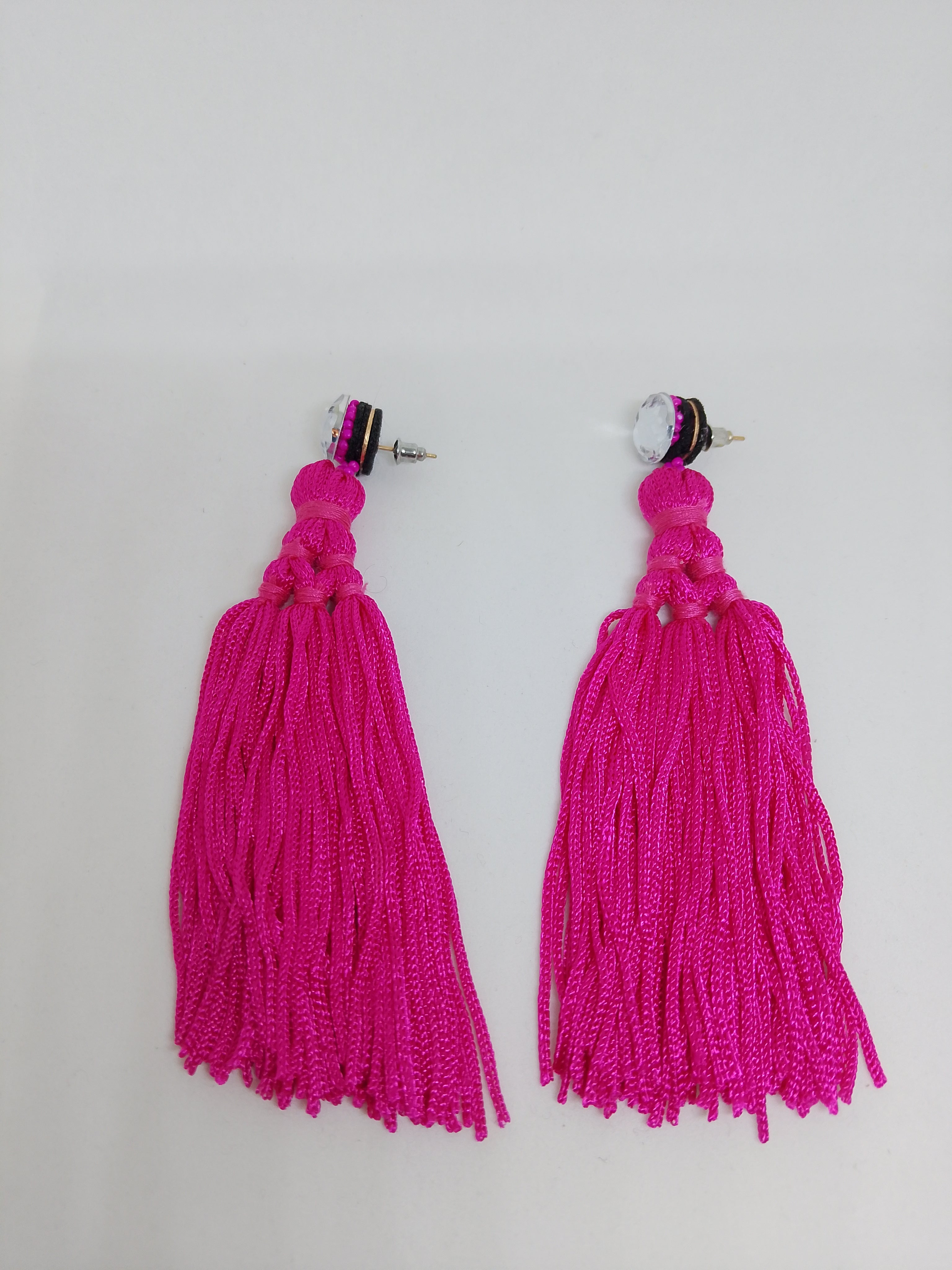 Electric Hot Pink Blushing Bloom Long Tassel Dangle Drop Earrings