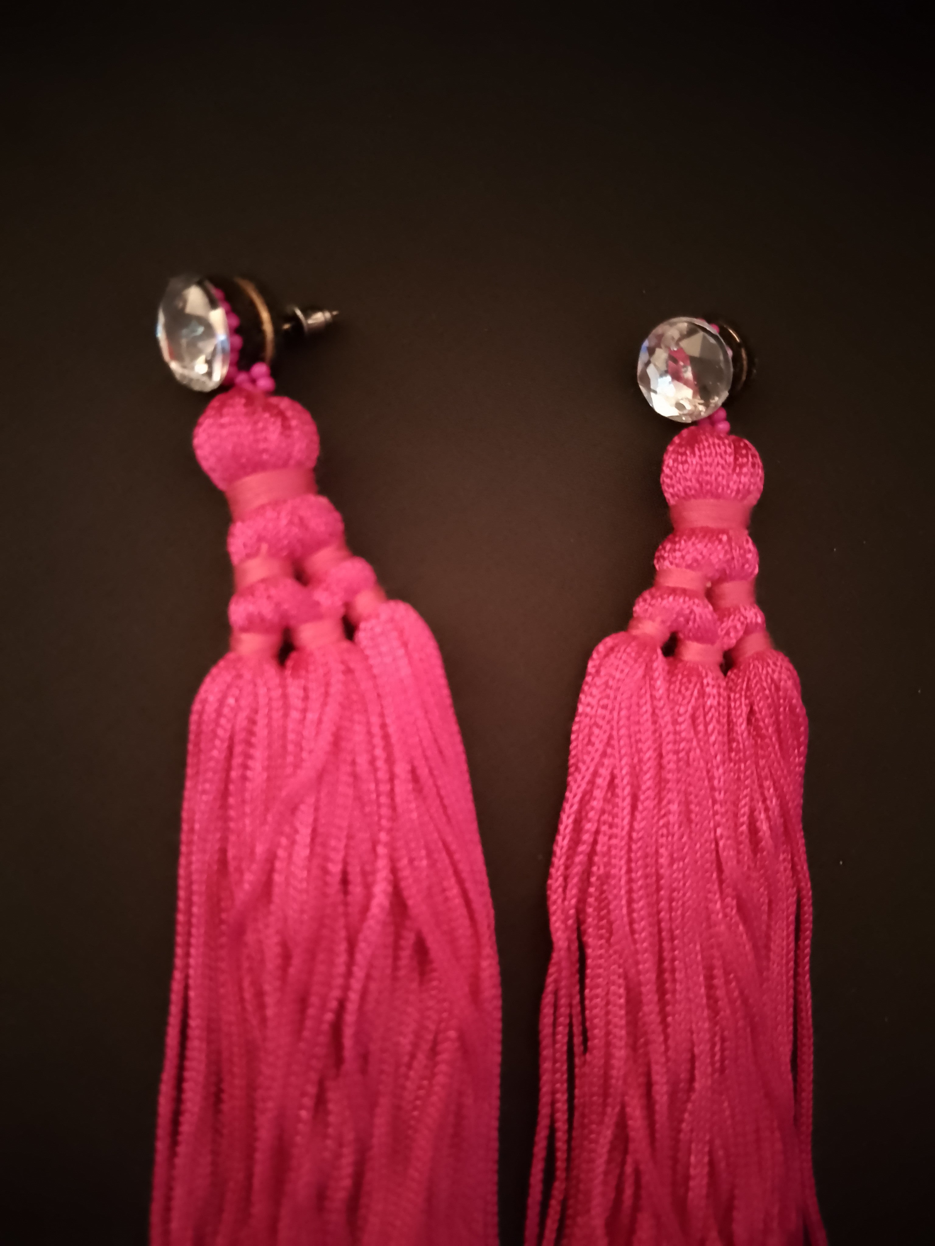 Electric Hot Pink Blushing Bloom Long Tassel Dangle Drop Earrings