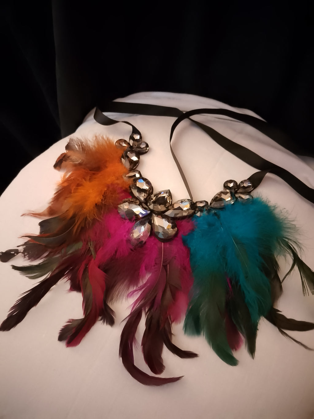 Exquisite Noir Black Translucent Jewels Multi-Color Feathers Black Ribbon Statement Necklace