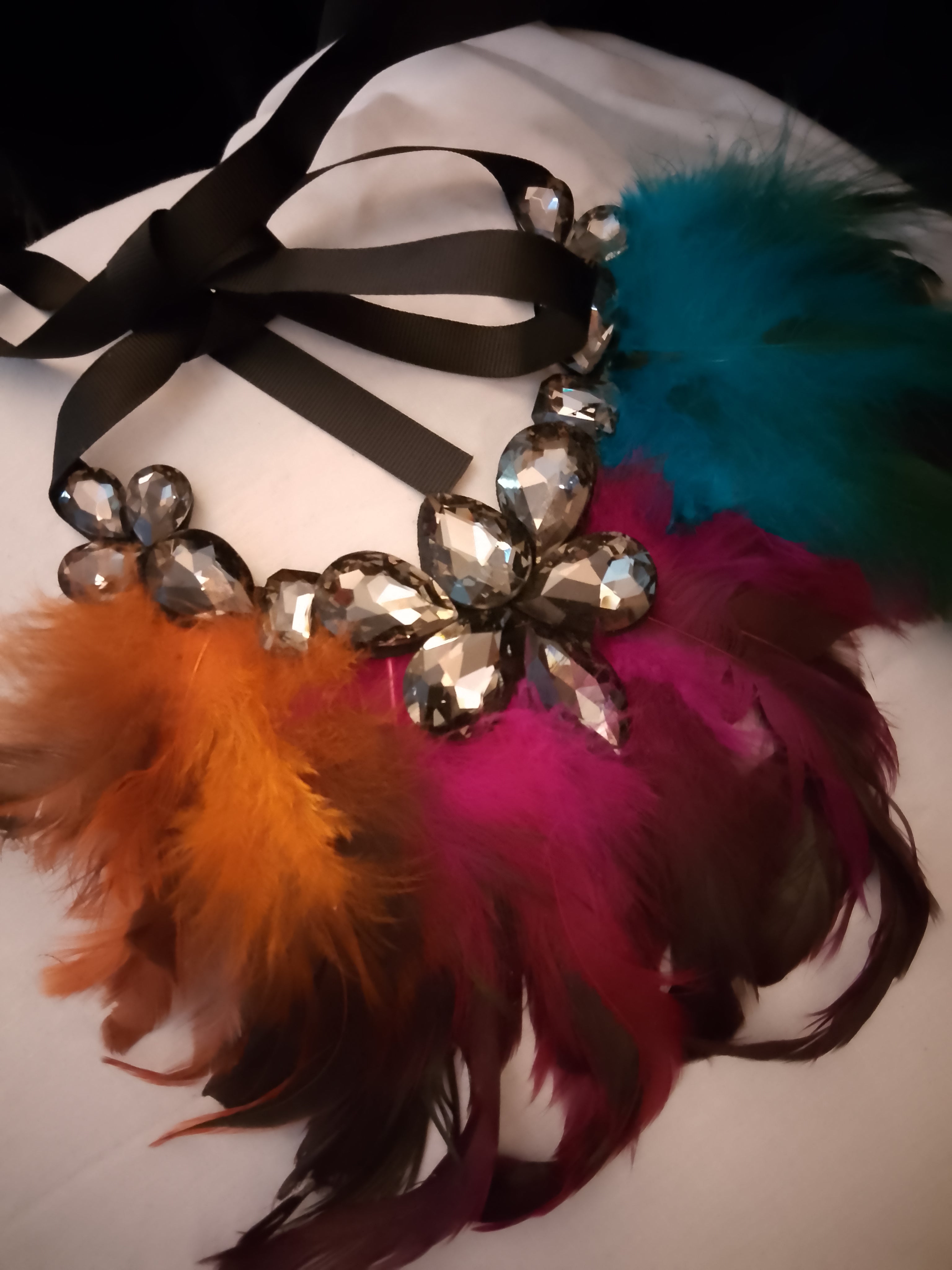 Exquisite Noir Black Translucent Jewels Multi-Color Feathers Black Ribbon Statement Necklace