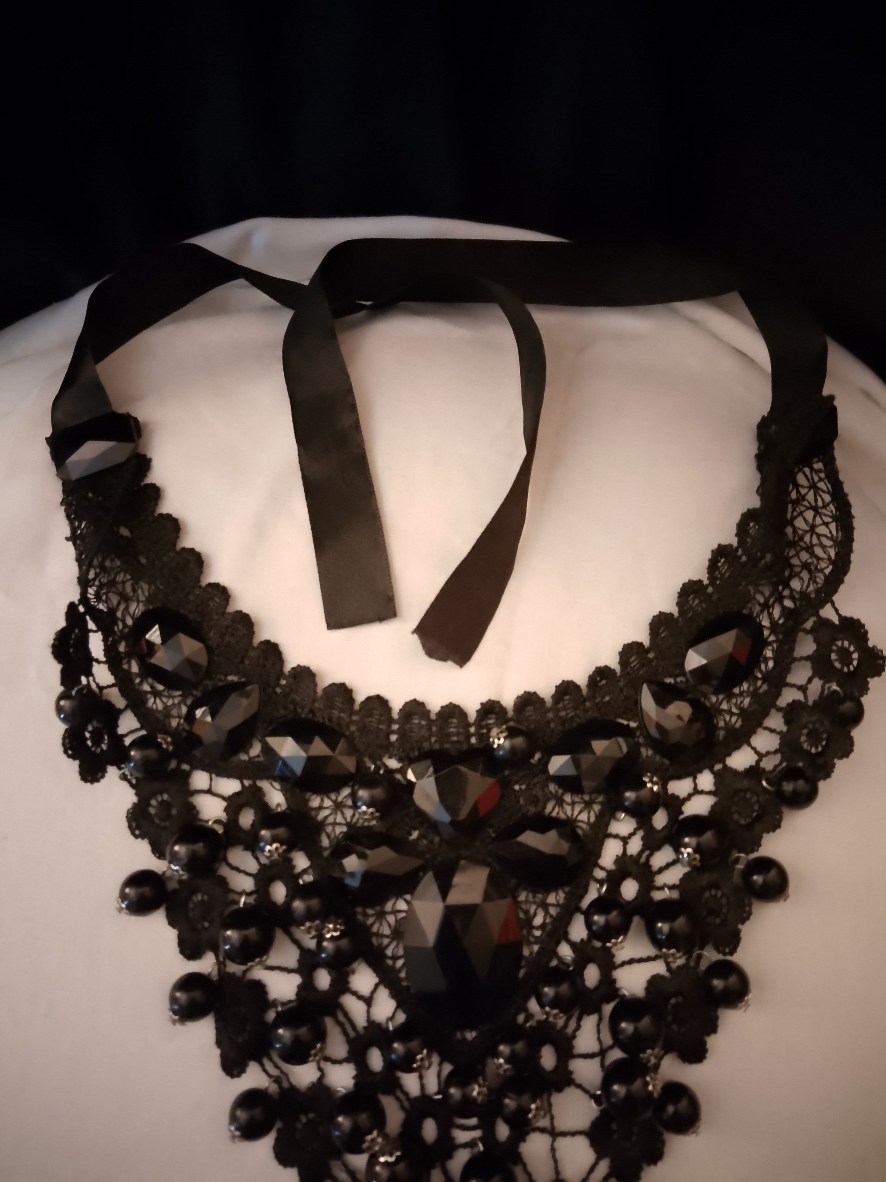 Intricate Obsidian Toned Black Crystals Layered Lace Glossy Jewels Necklace
