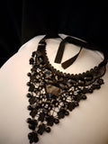 Intricate Obsidian Toned Black Crystals Layered Lace Glossy Jewels Necklace