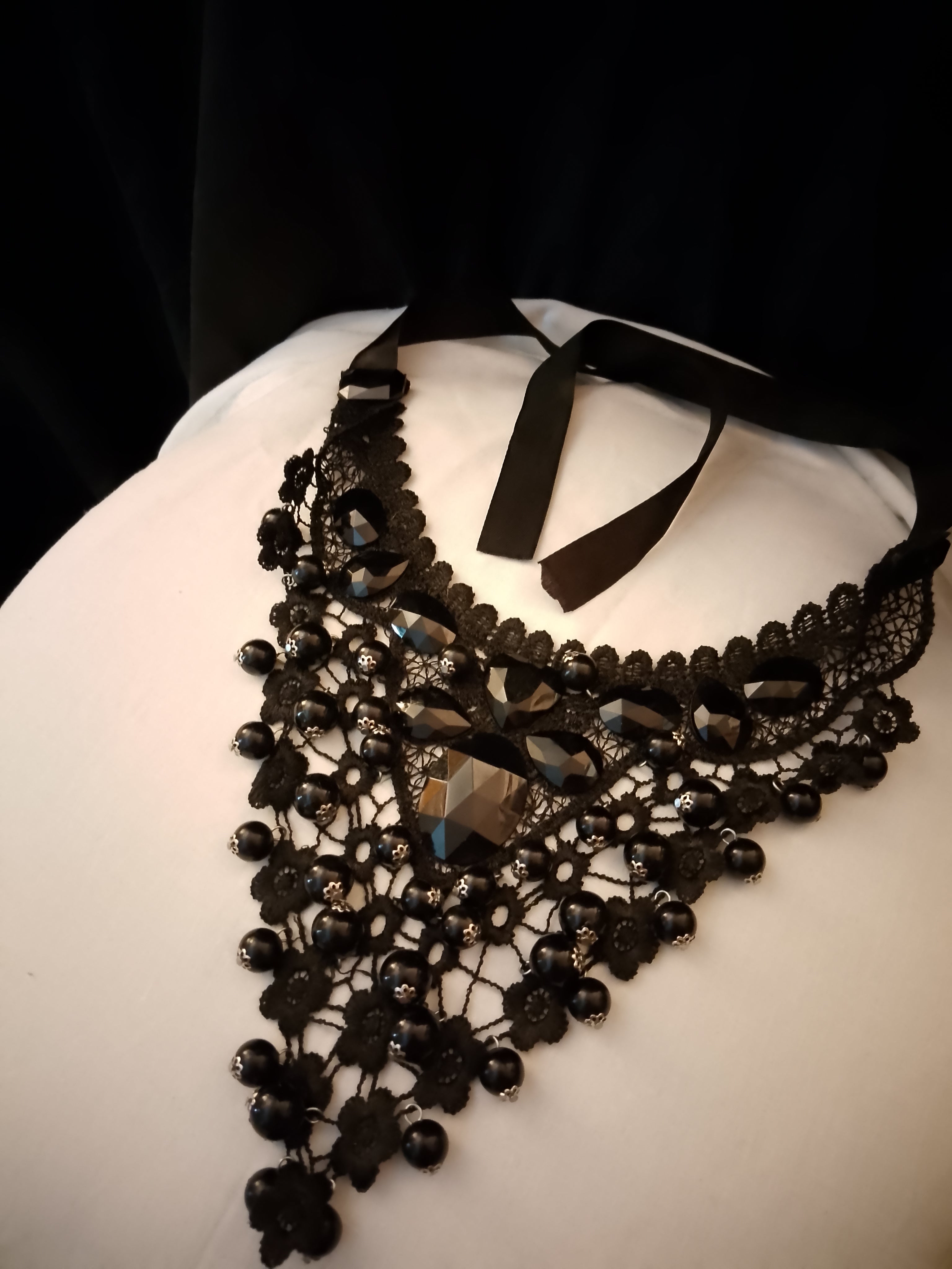 Intricate Obsidian Toned Black Crystals Layered Lace Glossy Jewels Necklace