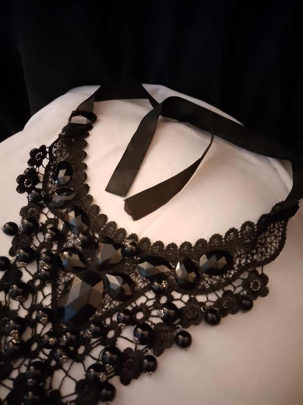 Intricate Obsidian Toned Black Crystals Layered Lace Glossy Jewels Necklace