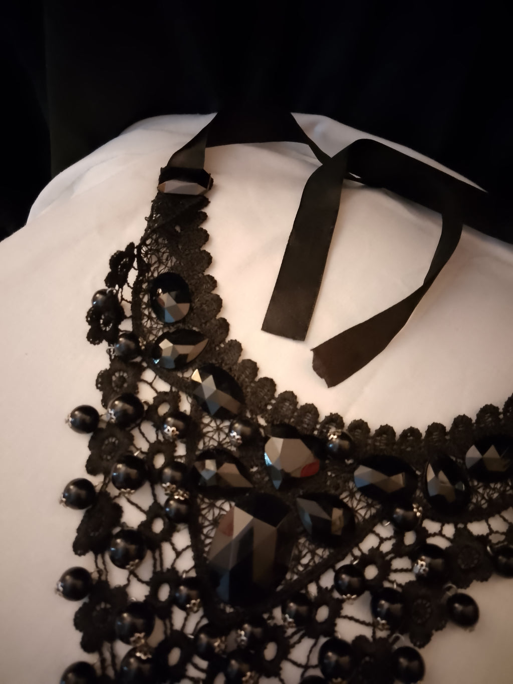 Intricate Obsidian Toned Black Crystals Layered Lace Glossy Jewels Necklace