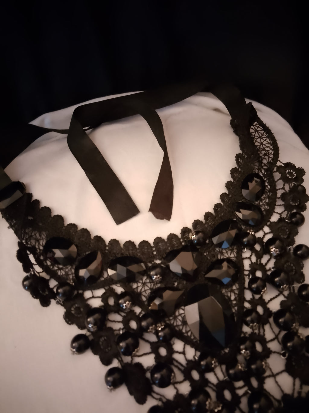 Intricate Obsidian Toned Black Crystals Layered Lace Glossy Jewels Necklace