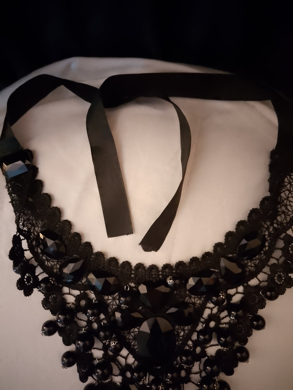 Intricate Obsidian Toned Black Crystals Layered Lace Glossy Jewels Necklace