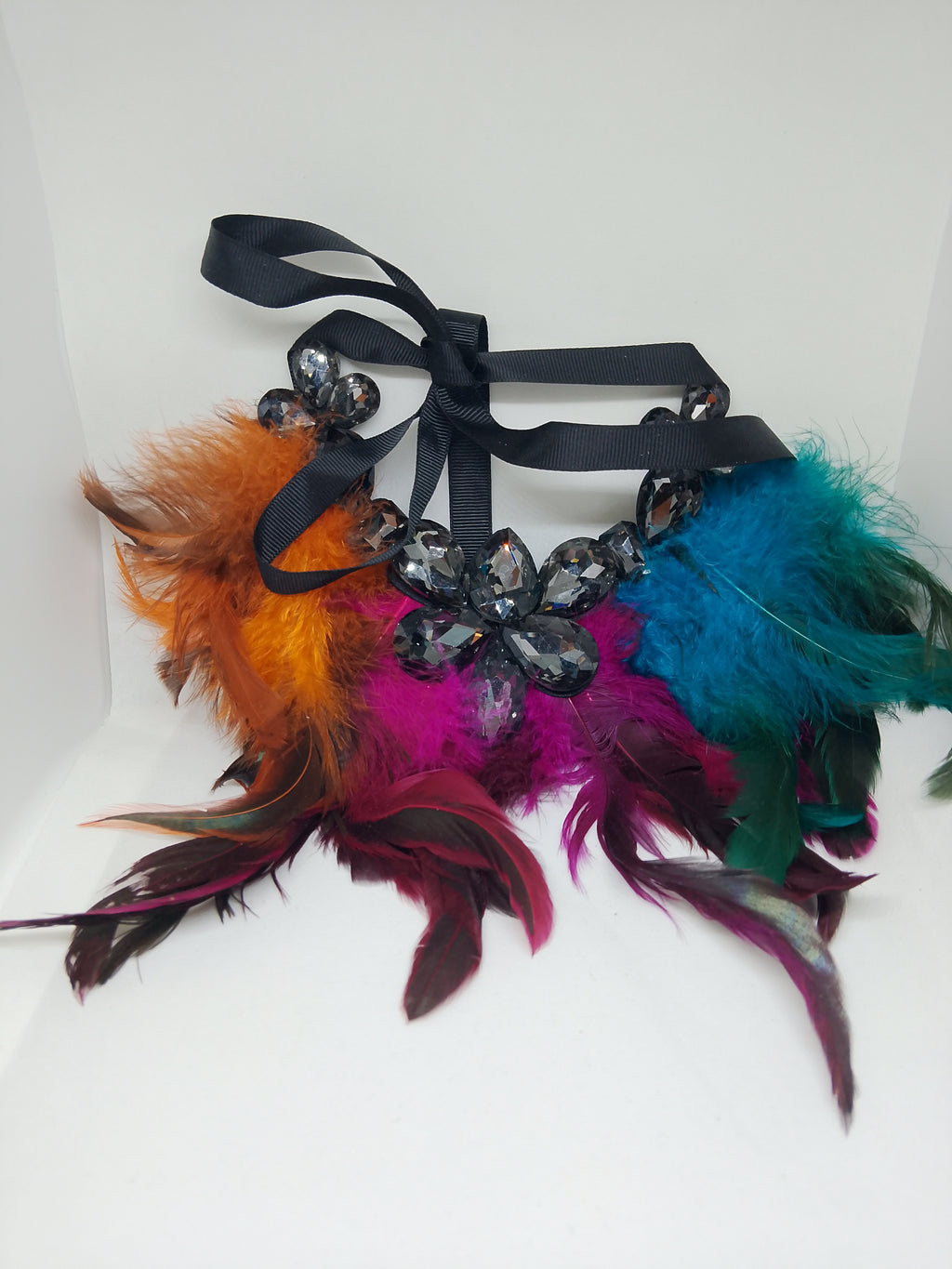 Exquisite Noir Black Translucent Jewels Multi-Color Feathers Black Ribbon Statement Necklace