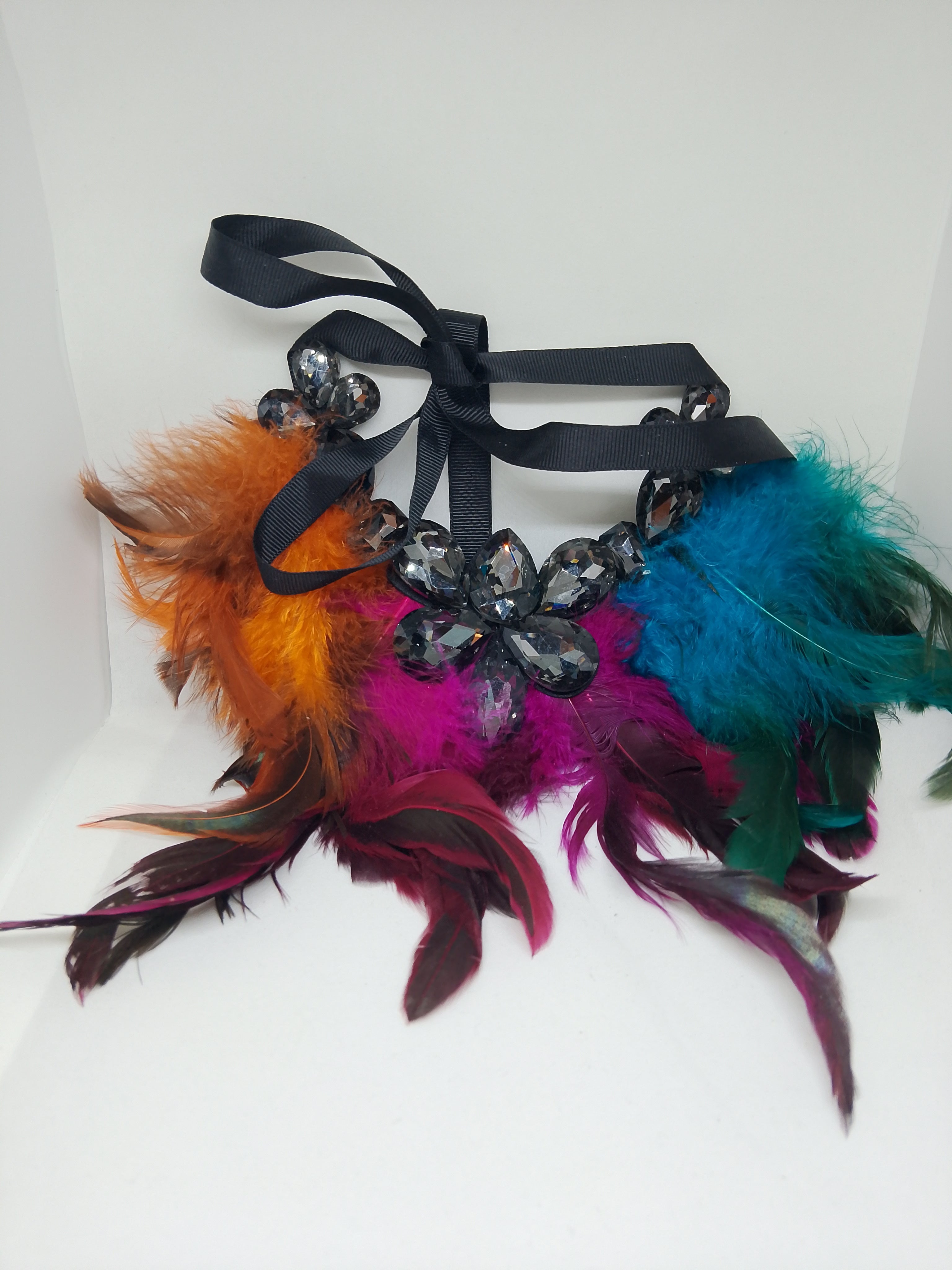 Exquisite Noir Black Translucent Jewels Multi-Color Feathers Black Ribbon Statement Necklace