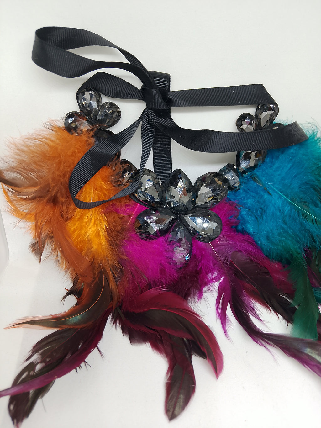 Exquisite Noir Black Translucent Jewels Multi-Color Feathers Black Ribbon Statement Necklace