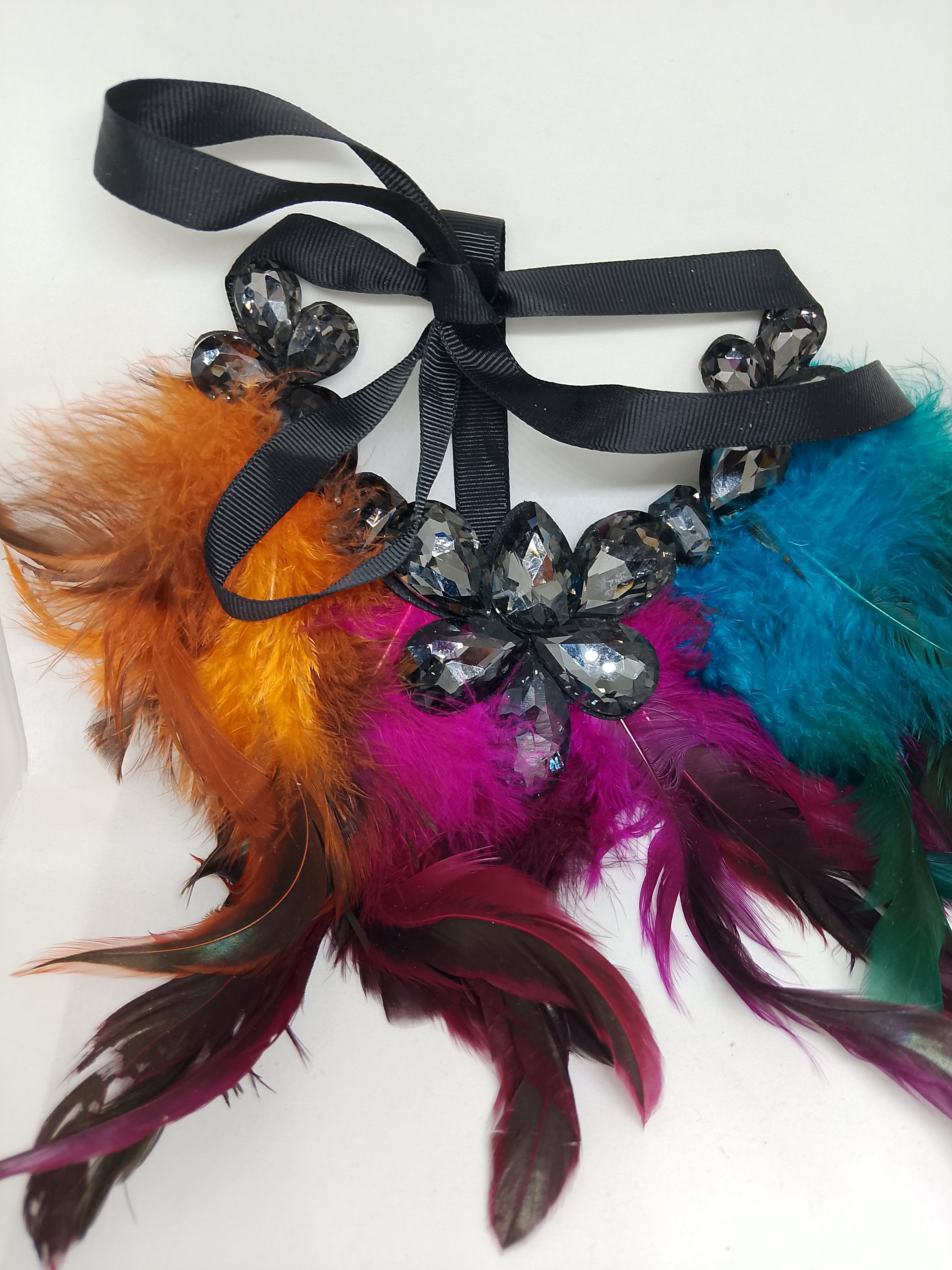 Exquisite Noir Black Translucent Jewels Multi-Color Feathers Black Ribbon Statement Necklace