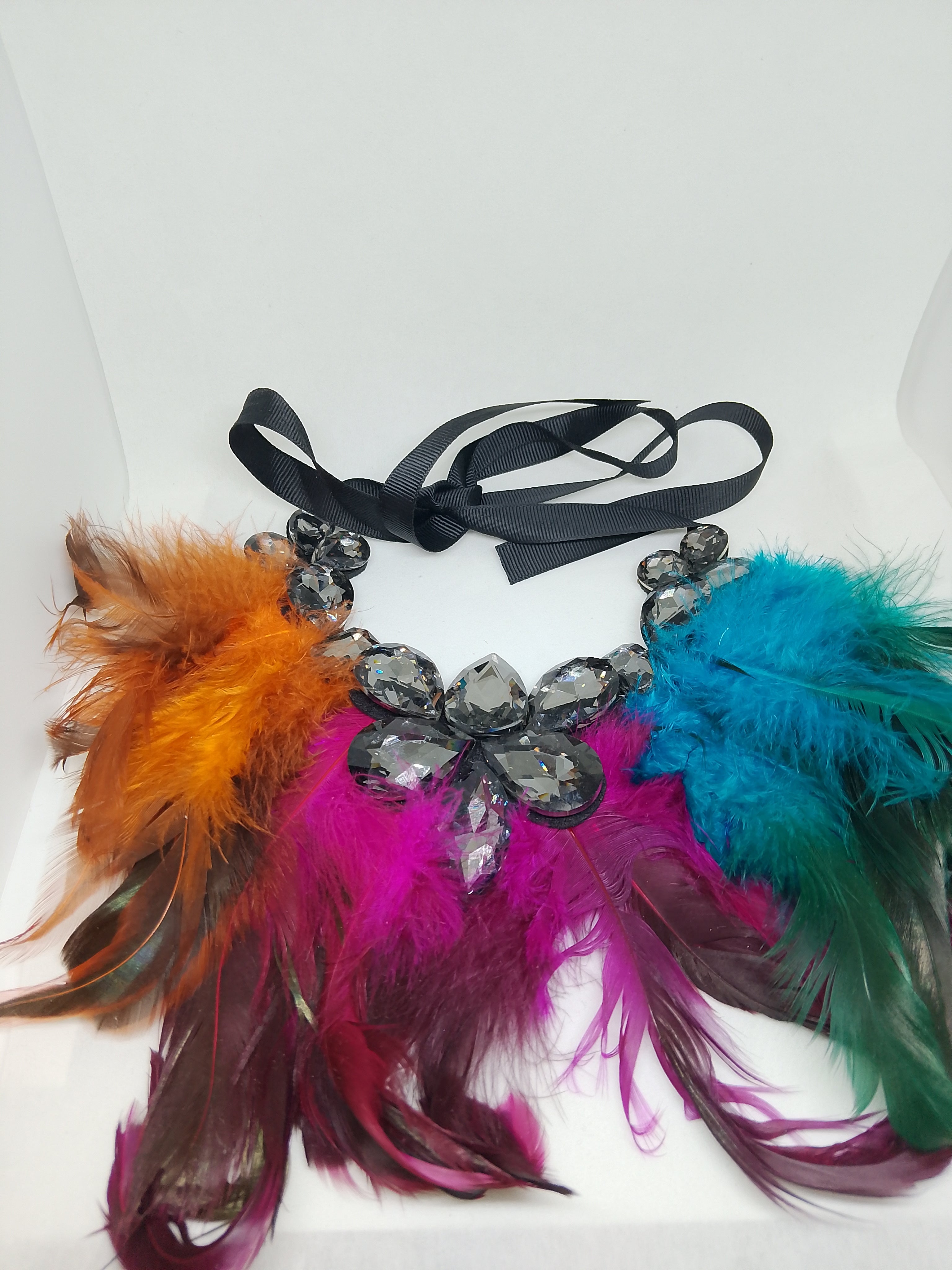 Exquisite Noir Black Translucent Jewels Multi-Color Feathers Black Ribbon Statement Necklace