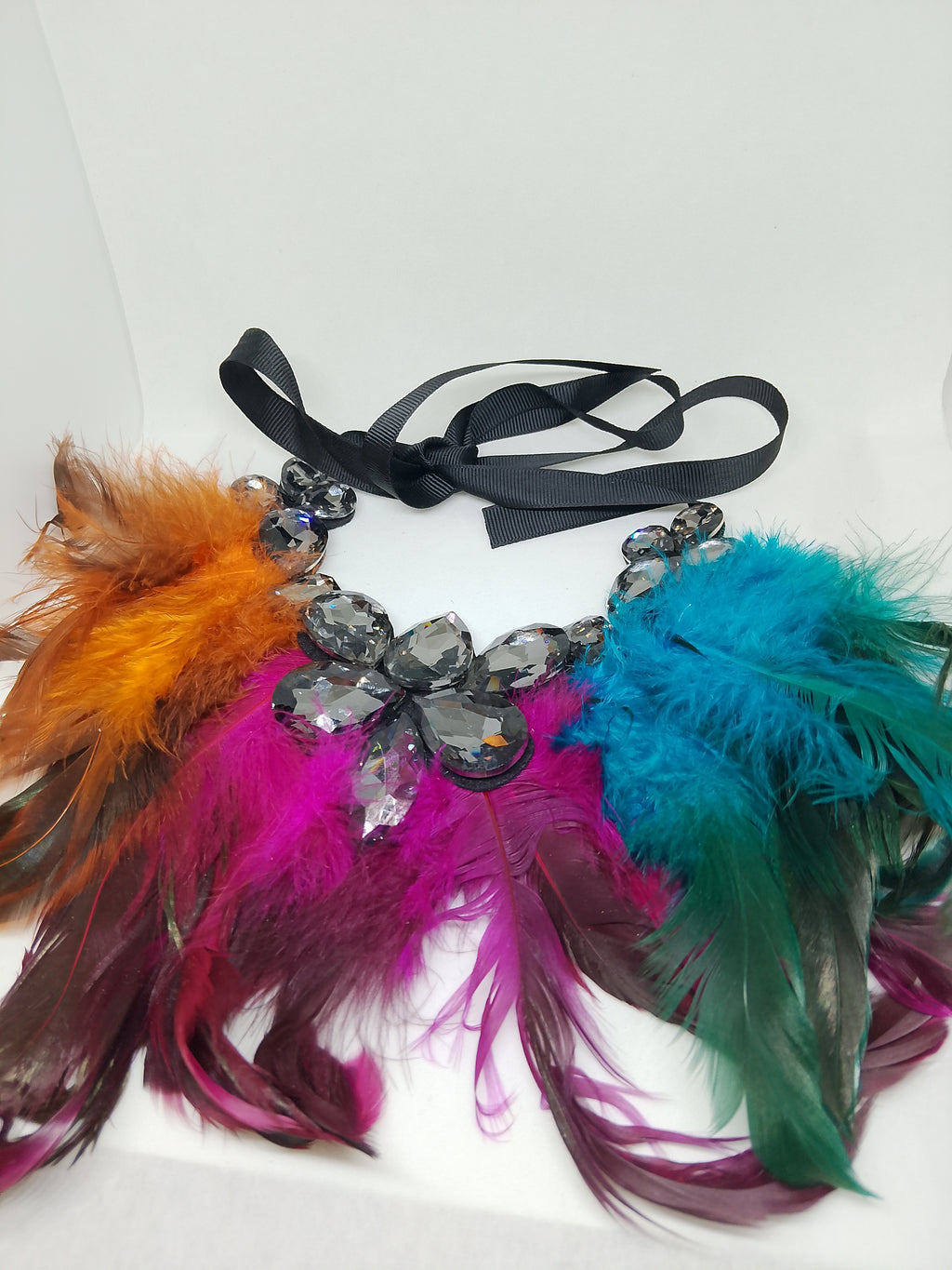 Exquisite Noir Black Translucent Jewels Multi-Color Feathers Black Ribbon Statement Necklace