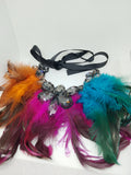 Exquisite Noir Black Translucent Jewels Multi-Color Feathers Black Ribbon Statement Necklace