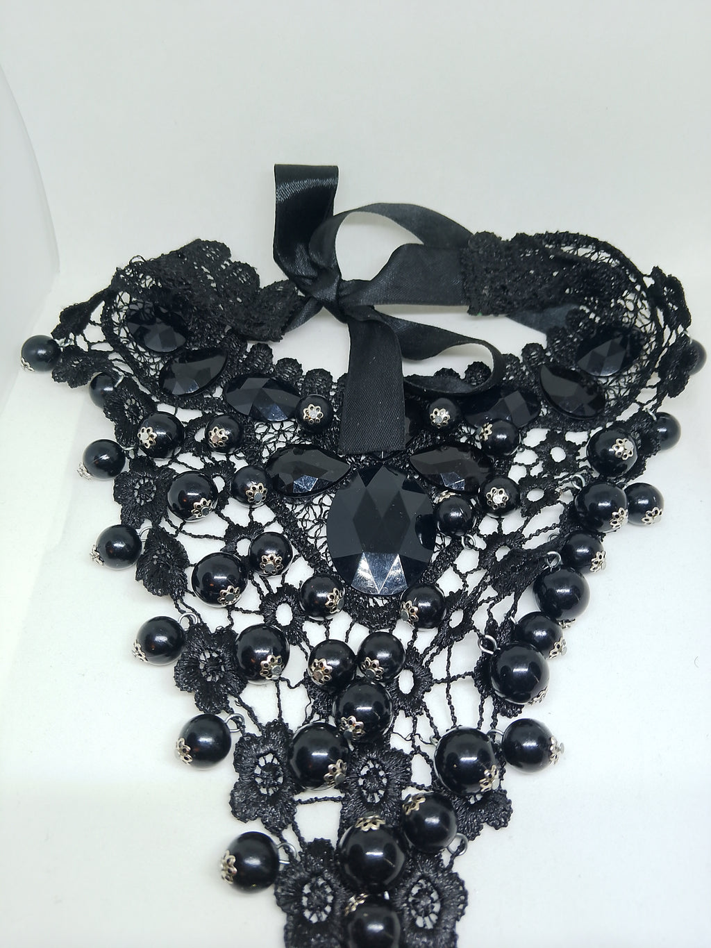 Intricate Obsidian Toned Black Crystals Layered Lace Glossy Jewels Necklace