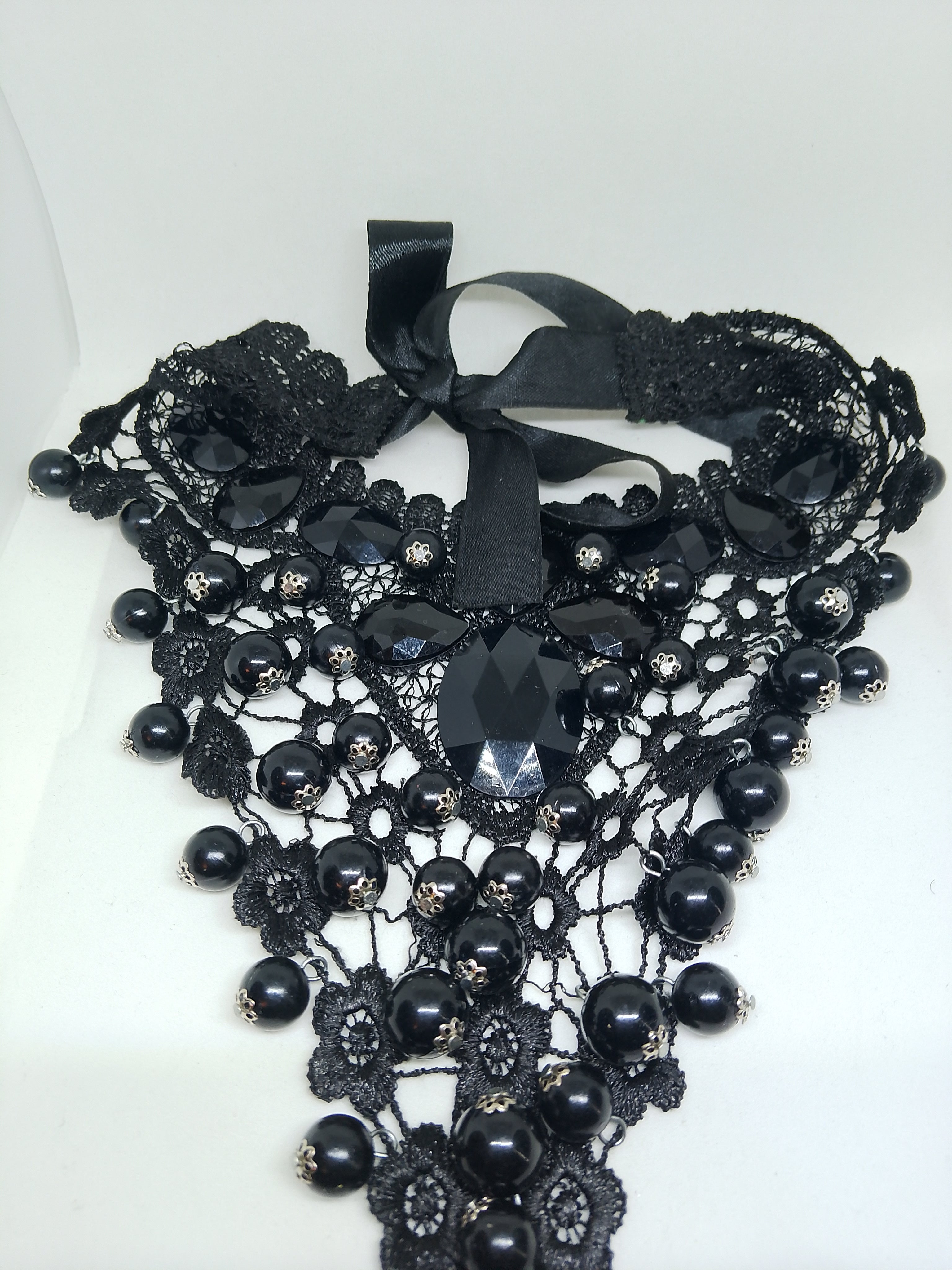 Intricate Obsidian Toned Black Crystals Layered Lace Glossy Jewels Necklace