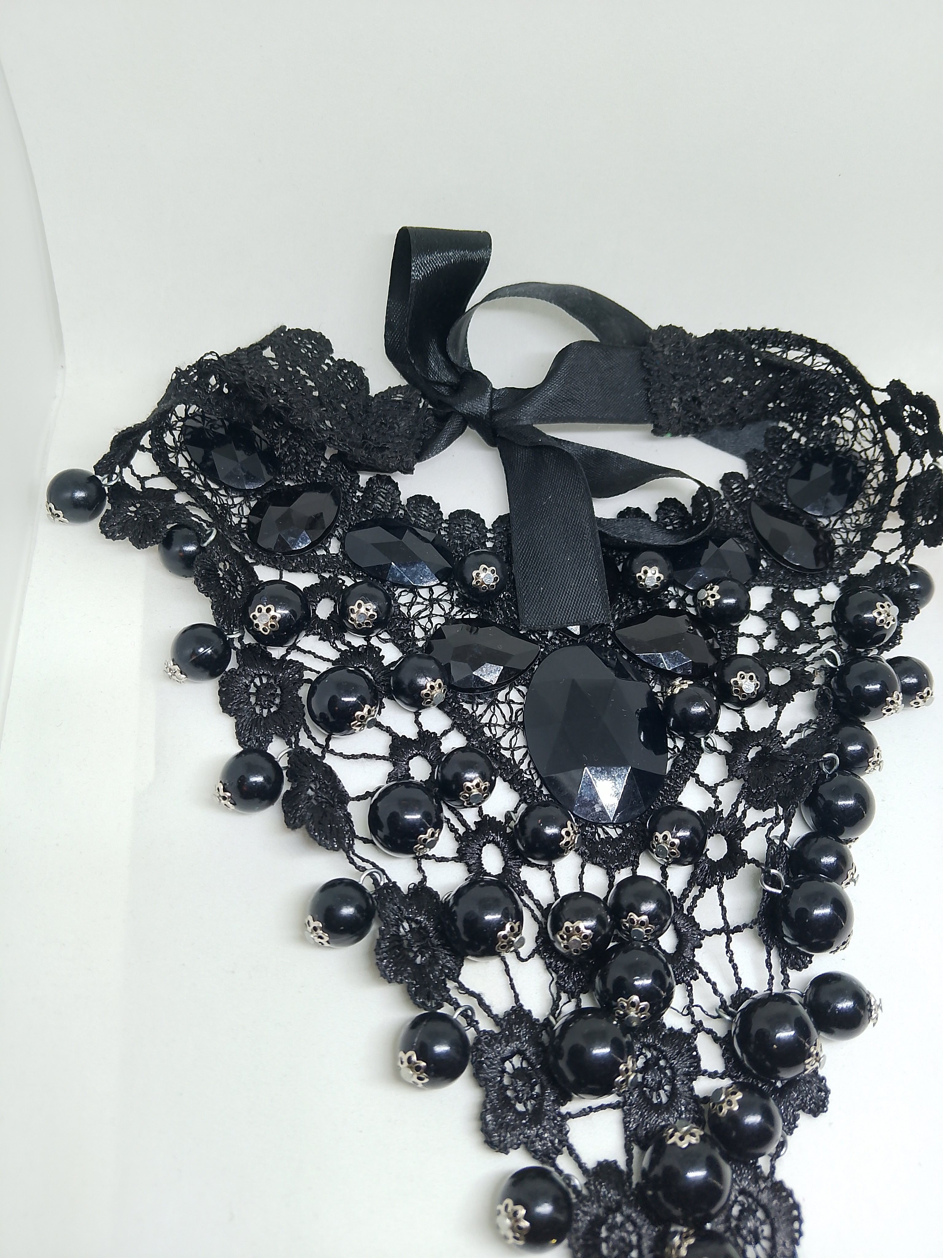 Intricate Obsidian Toned Black Crystals Layered Lace Glossy Jewels Necklace