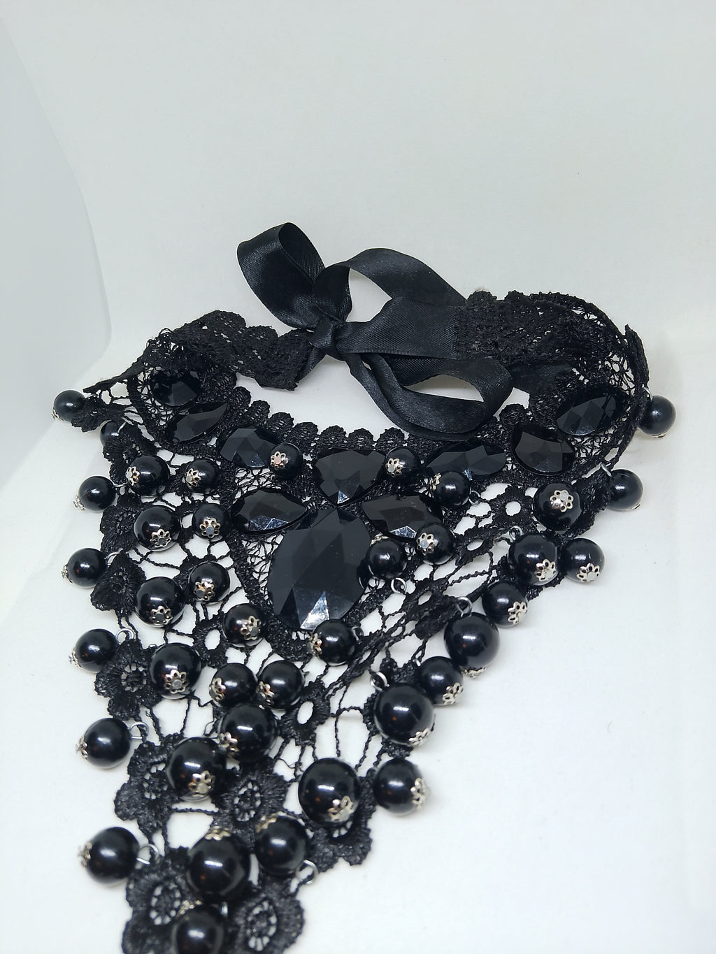 Intricate Obsidian Toned Black Crystals Layered Lace Glossy Jewels Necklace