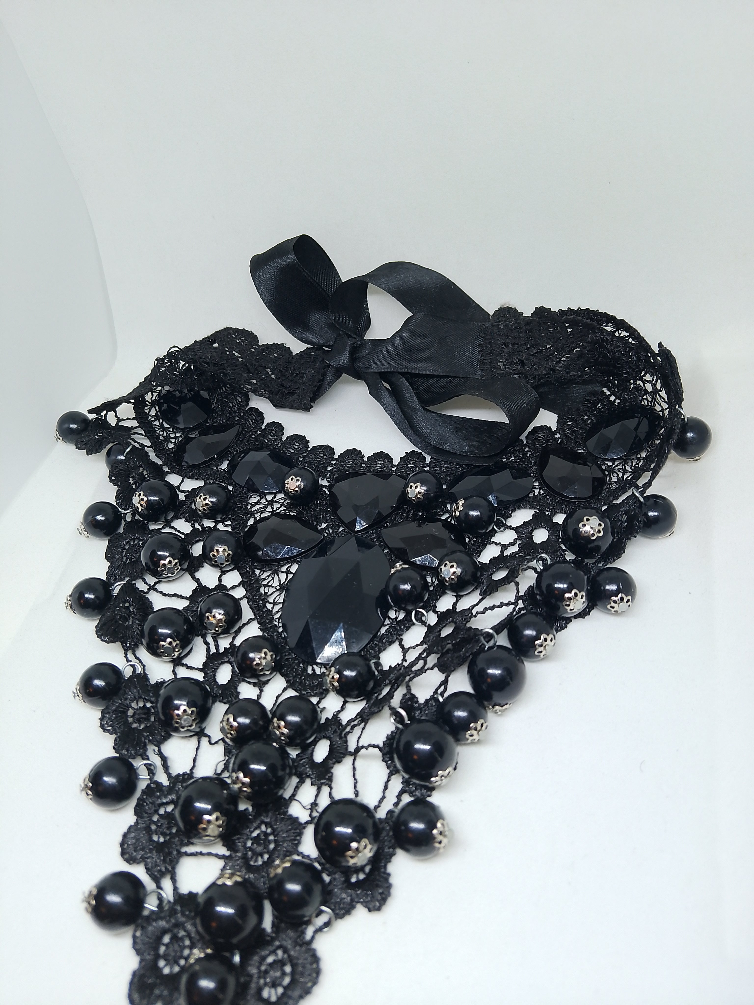 Intricate Obsidian Toned Black Crystals Layered Lace Glossy Jewels Necklace