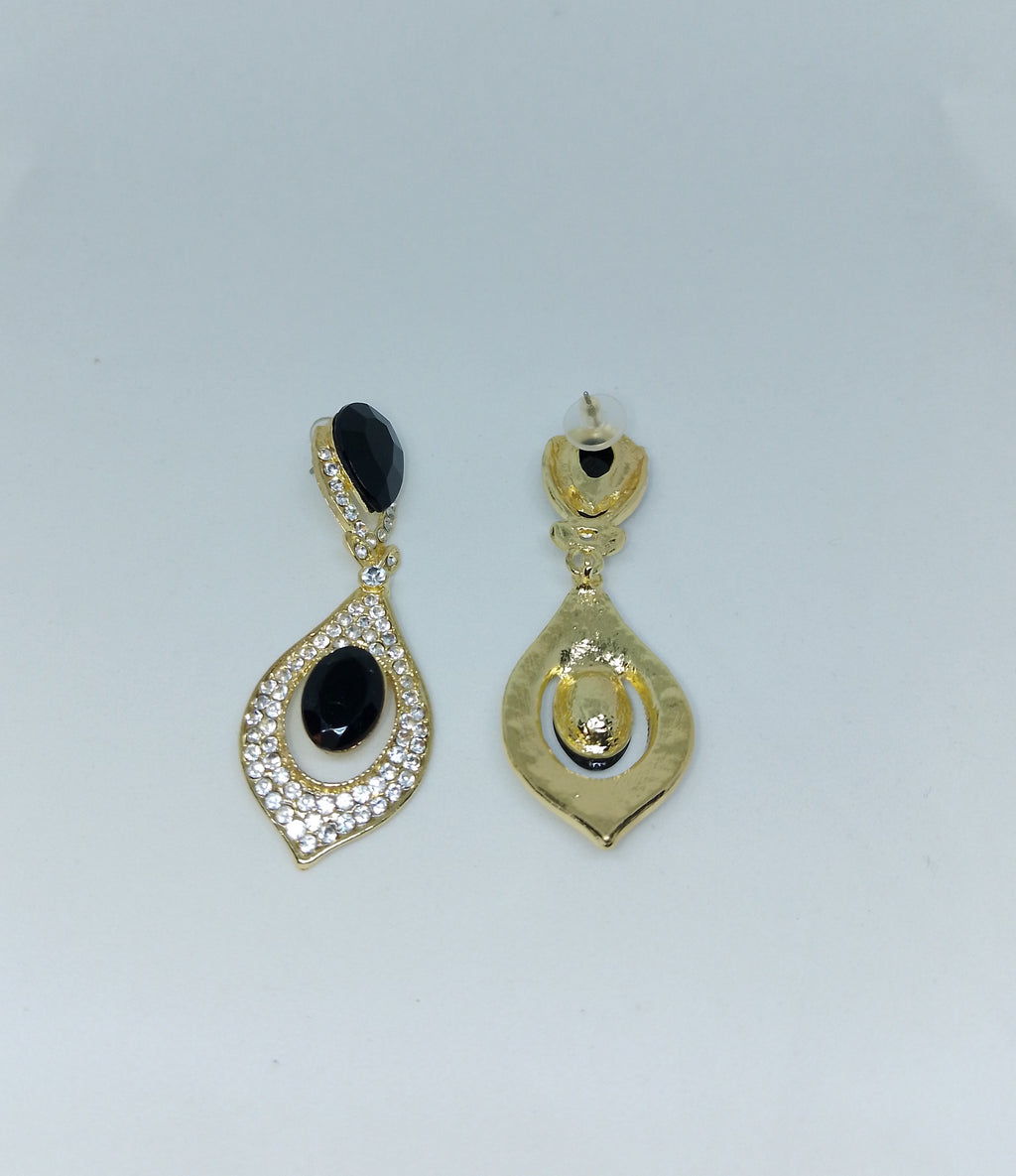 Black Pearl Top & Bottom Stone Shadow Gold Eclipse Teardrop Drop Earrings