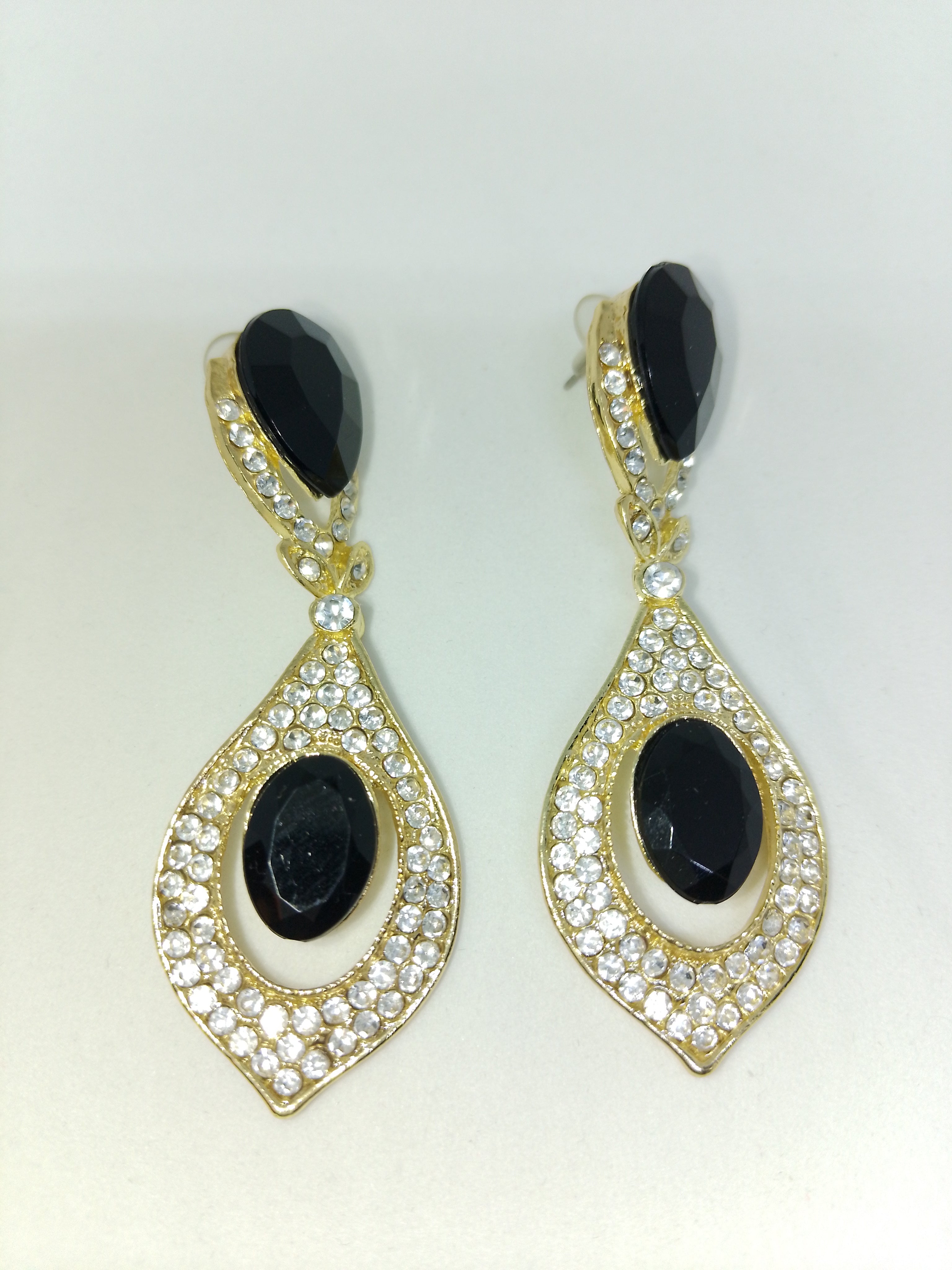 Black Pearl Top & Bottom Stone Shadow Gold Eclipse Teardrop Drop Earrings