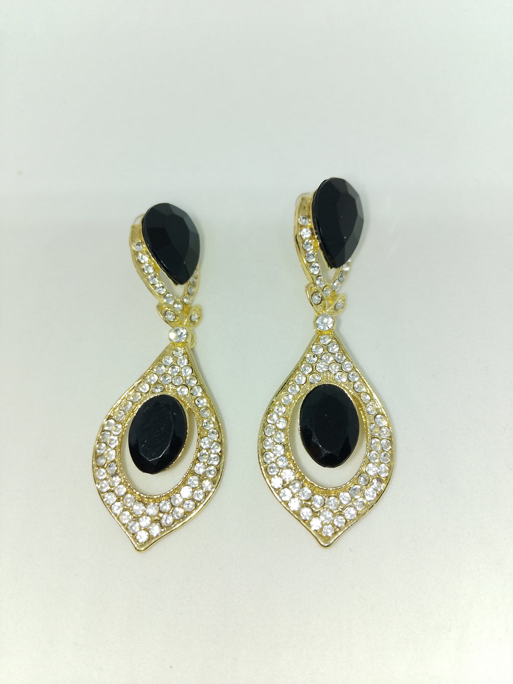 Black Pearl Top & Bottom Stone Shadow Gold Eclipse Teardrop Drop Earrings