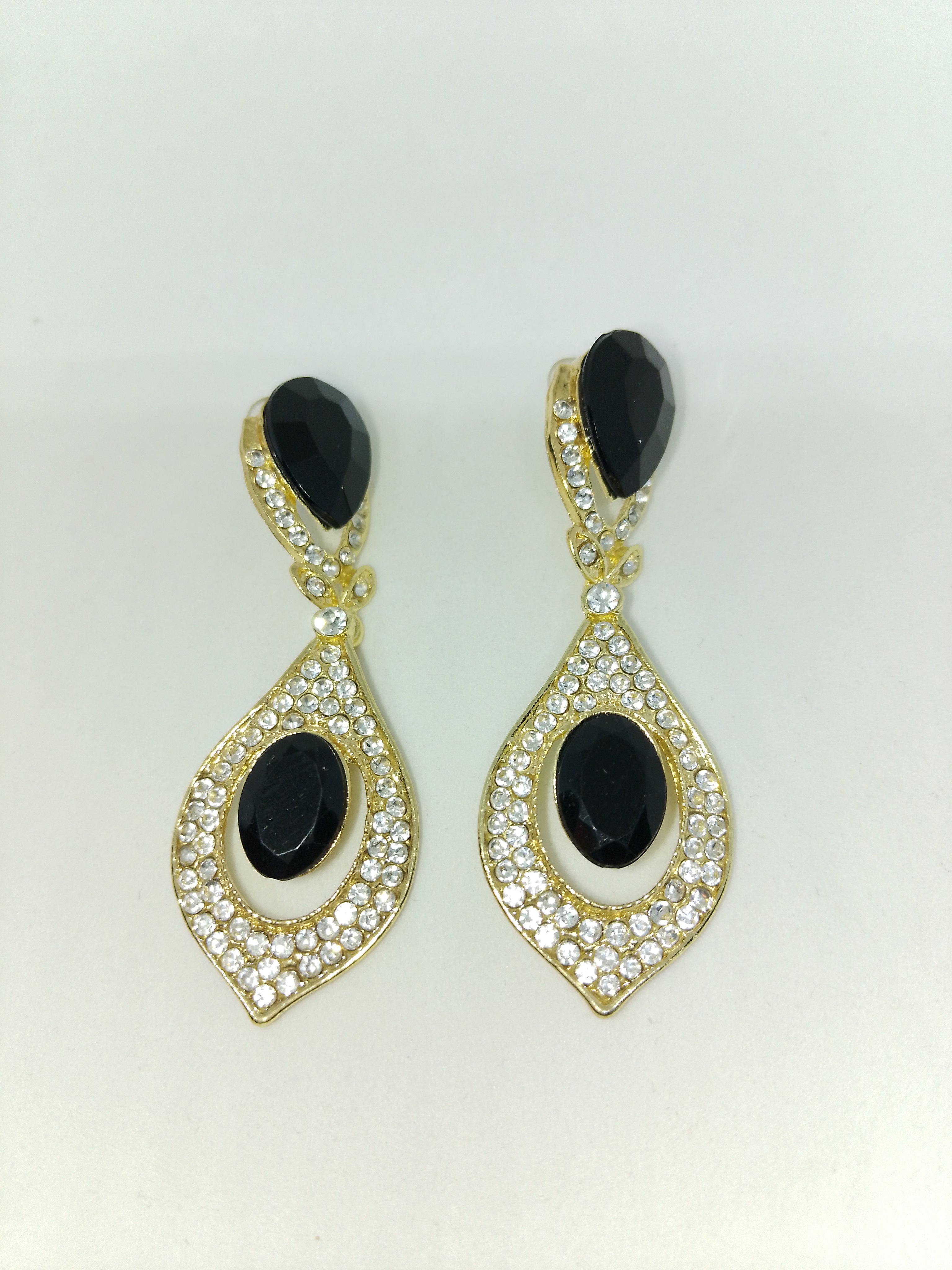 Black Pearl Top & Bottom Stone Shadow Gold Eclipse Teardrop Drop Earrings
