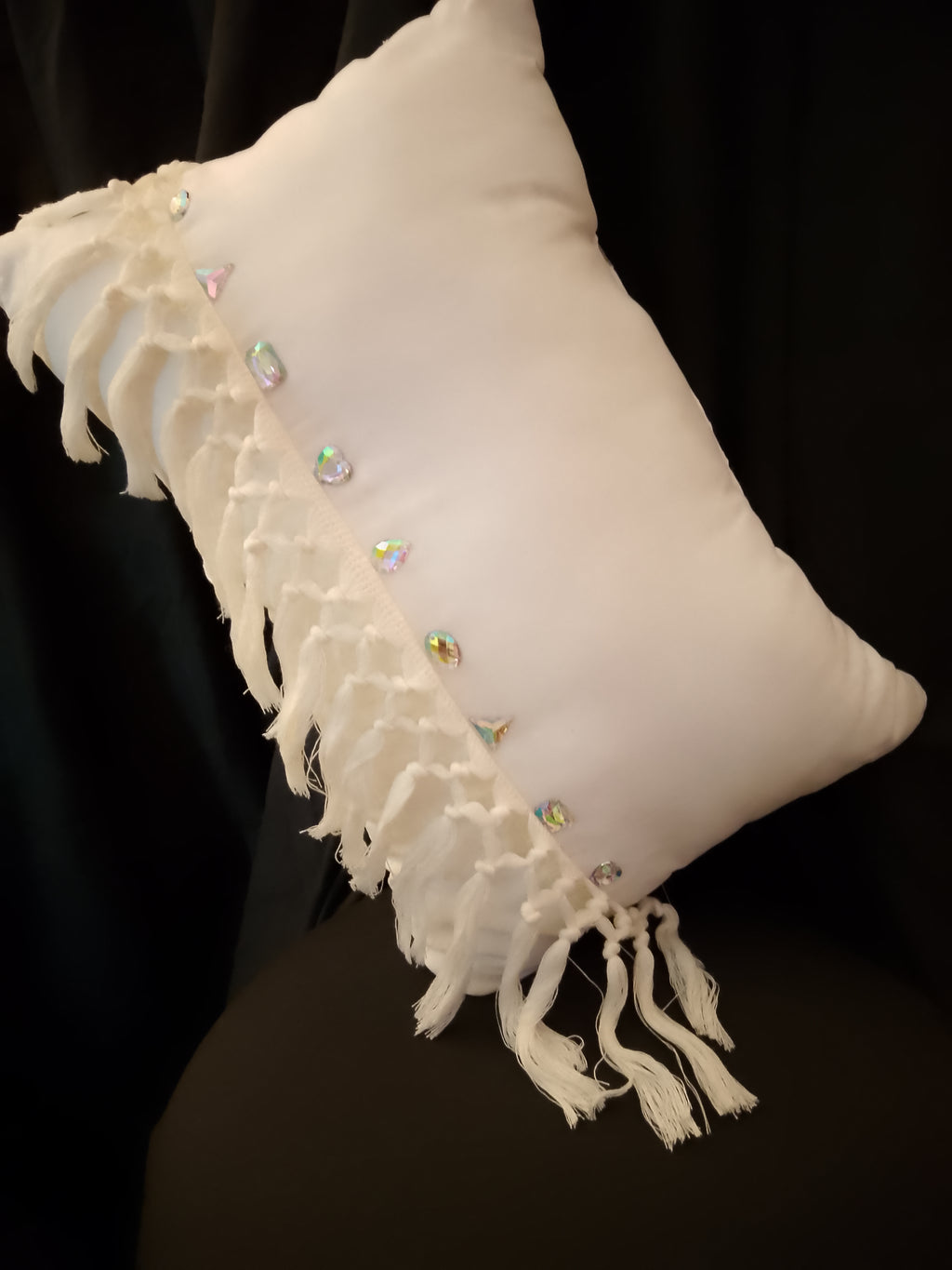 Whispering White Cloud Veil Crystal Macrame Throw Pillow