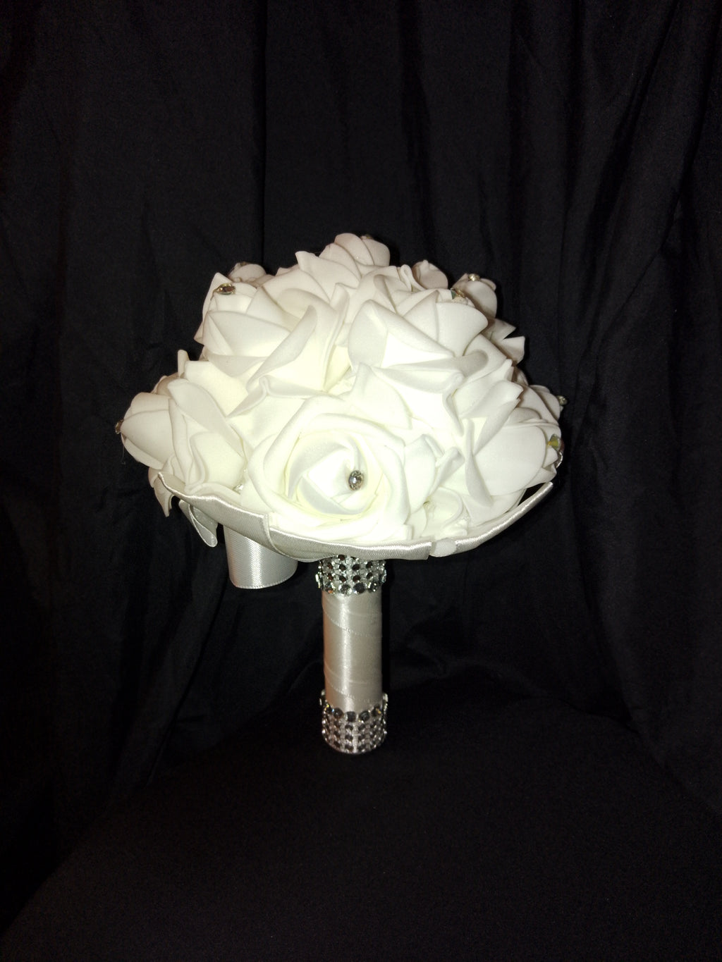 Wedding Bliss - White Bridal Hair Comb Veil, Silk Roses Bouquet, Garter Belts Set