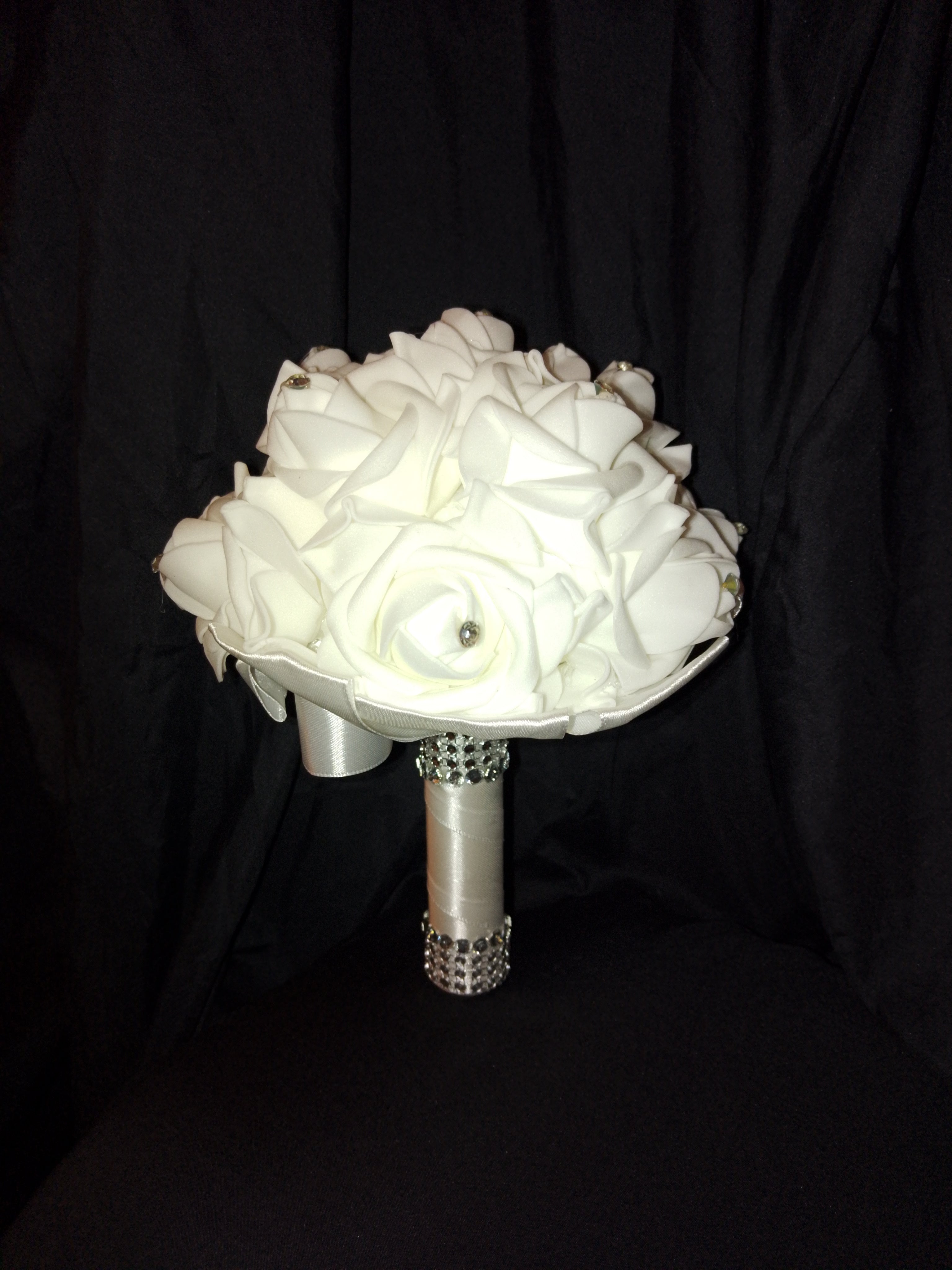 Wedding Bliss - White Bridal Hair Comb Veil, Silk Roses Bouquet, Garter Belts Set