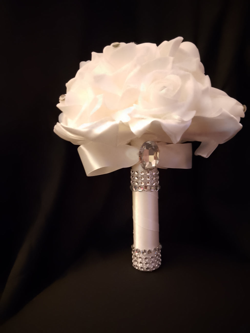 Wedding Bliss - White Bridal Hair Comb Veil, Silk Roses Bouquet, Garter Belts Set