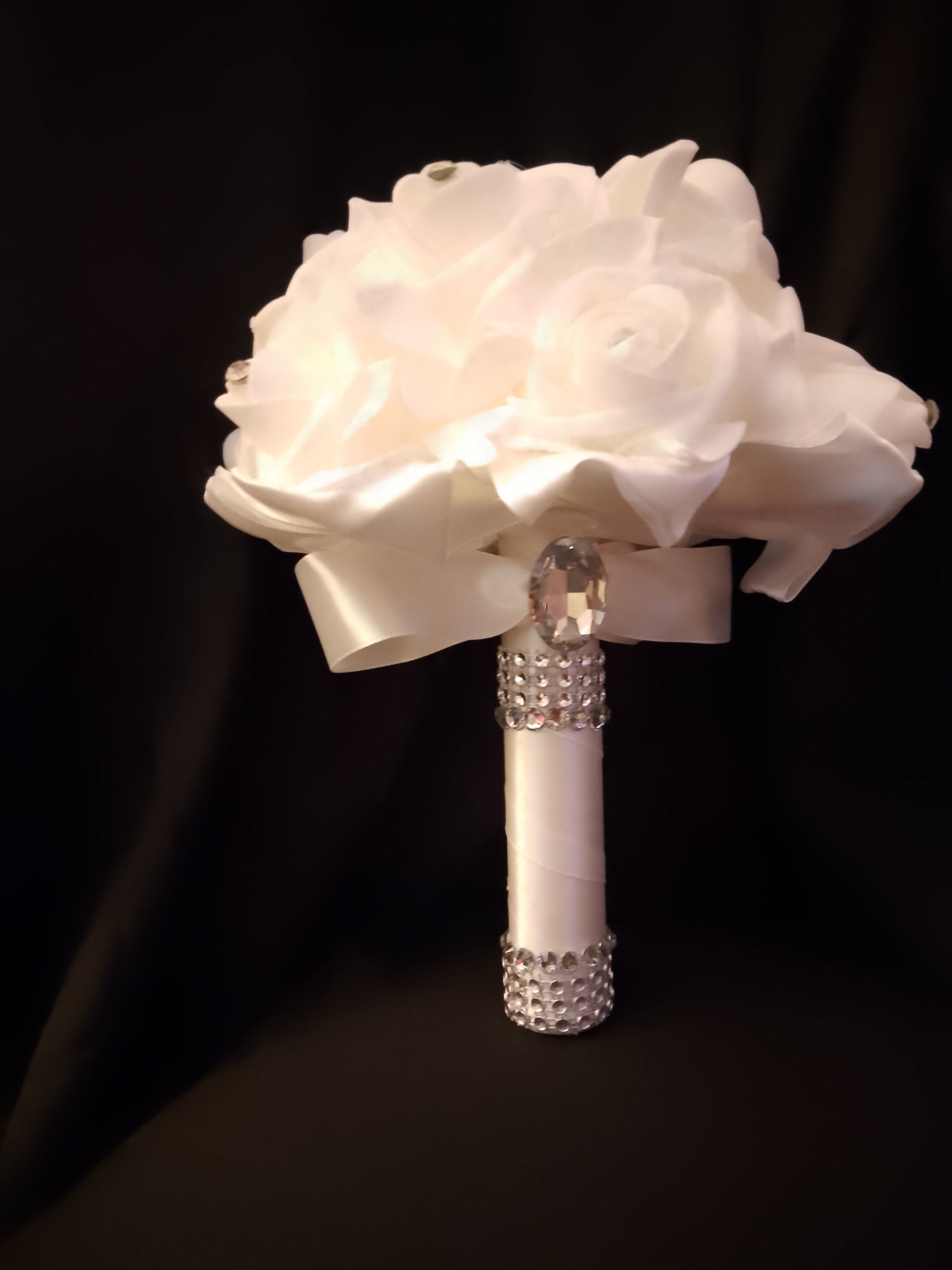 Wedding Bliss - White Bridal Hair Comb Veil, Silk Roses Bouquet, Garter Belts Set