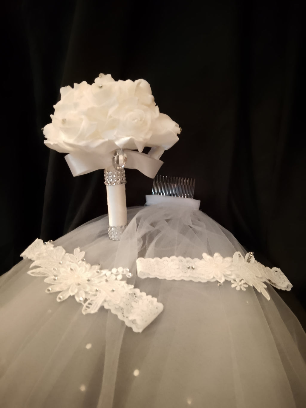 Wedding Bliss - White Bridal Hair Comb Veil, Silk Roses Bouquet, Garter Belts Set