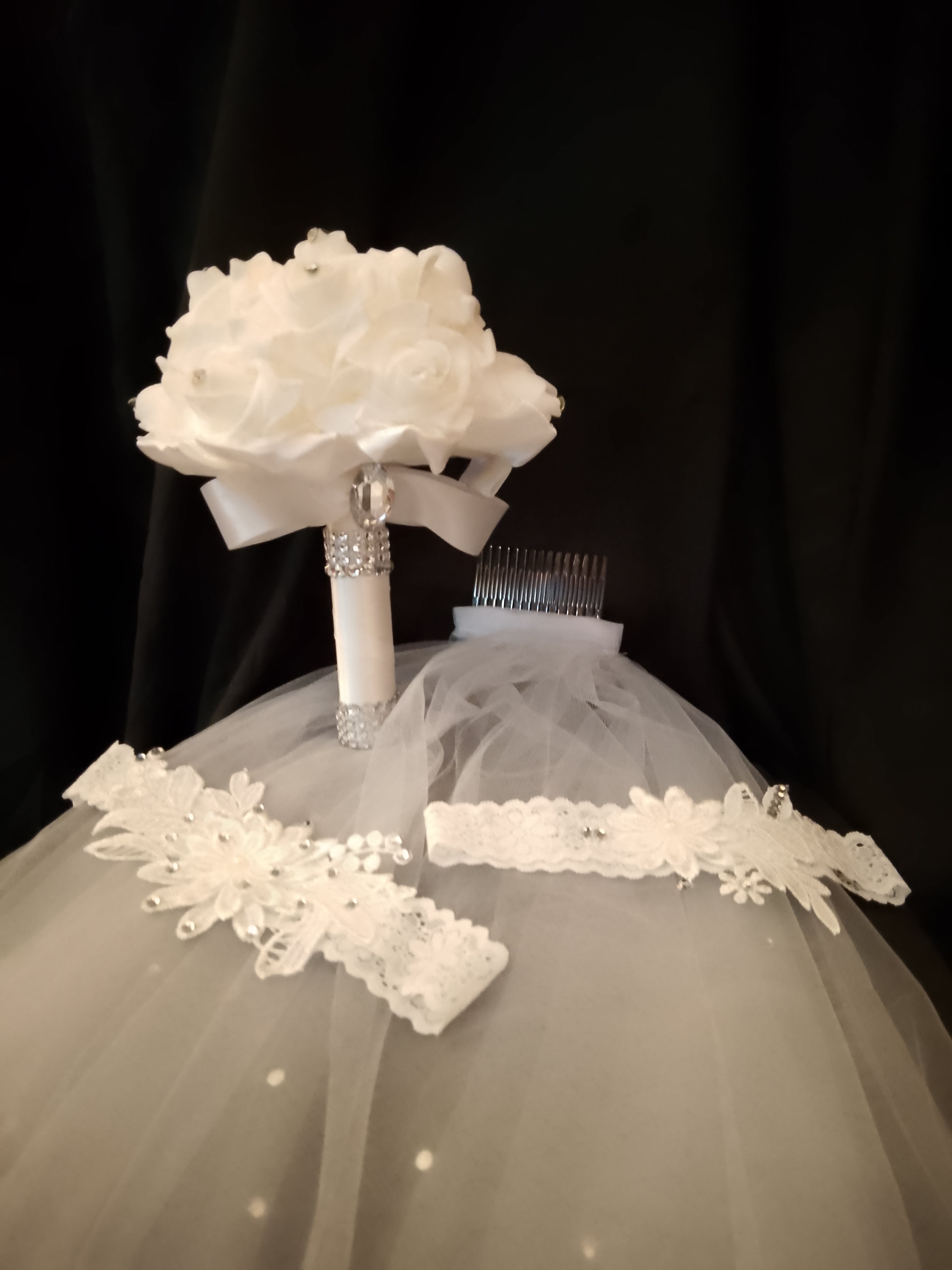 Wedding Bliss - White Bridal Hair Comb Veil, Silk Roses Bouquet, Garter Belts Set
