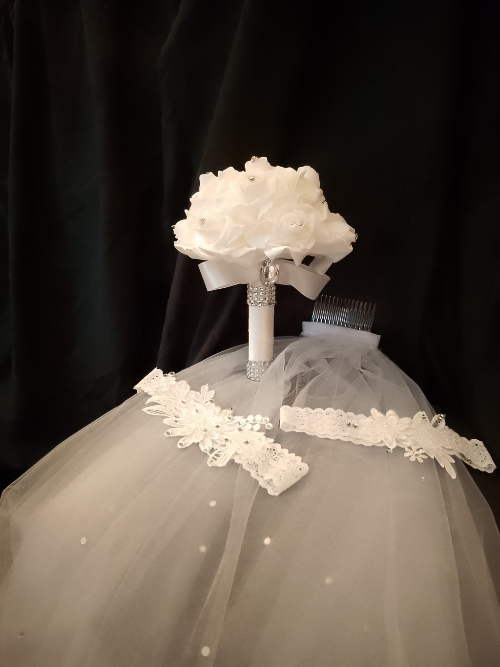Wedding Bliss - White Bridal Hair Comb Veil, Silk Roses Bouquet, Garter Belts Set