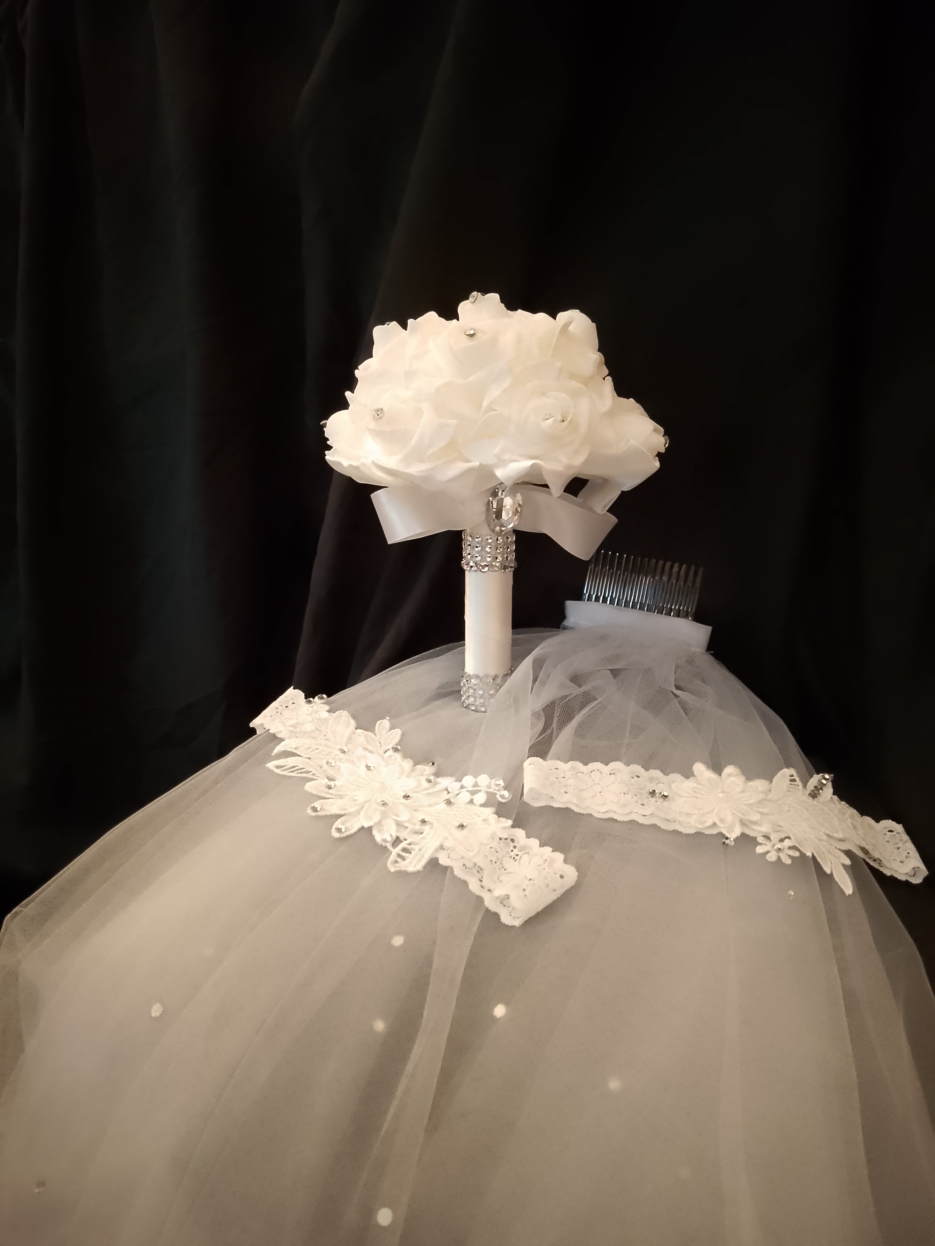 Wedding Bliss - White Bridal Hair Comb Veil, Silk Roses Bouquet, Garter Belts Set