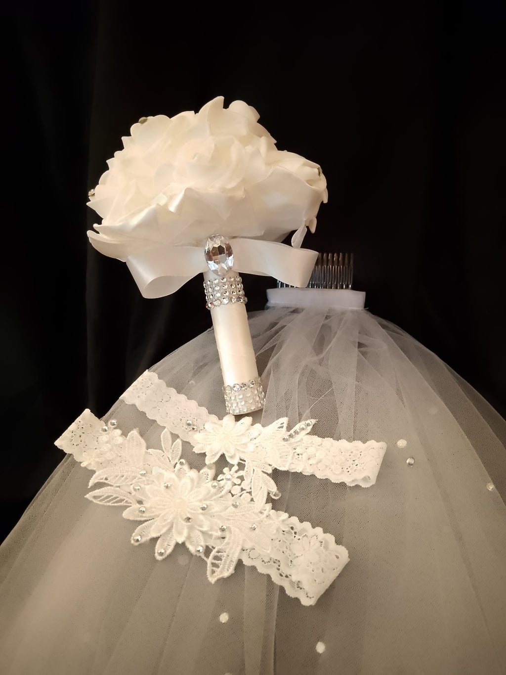 Wedding Bliss - White Bridal Hair Comb Veil, Silk Roses Bouquet, Garter Belts Set