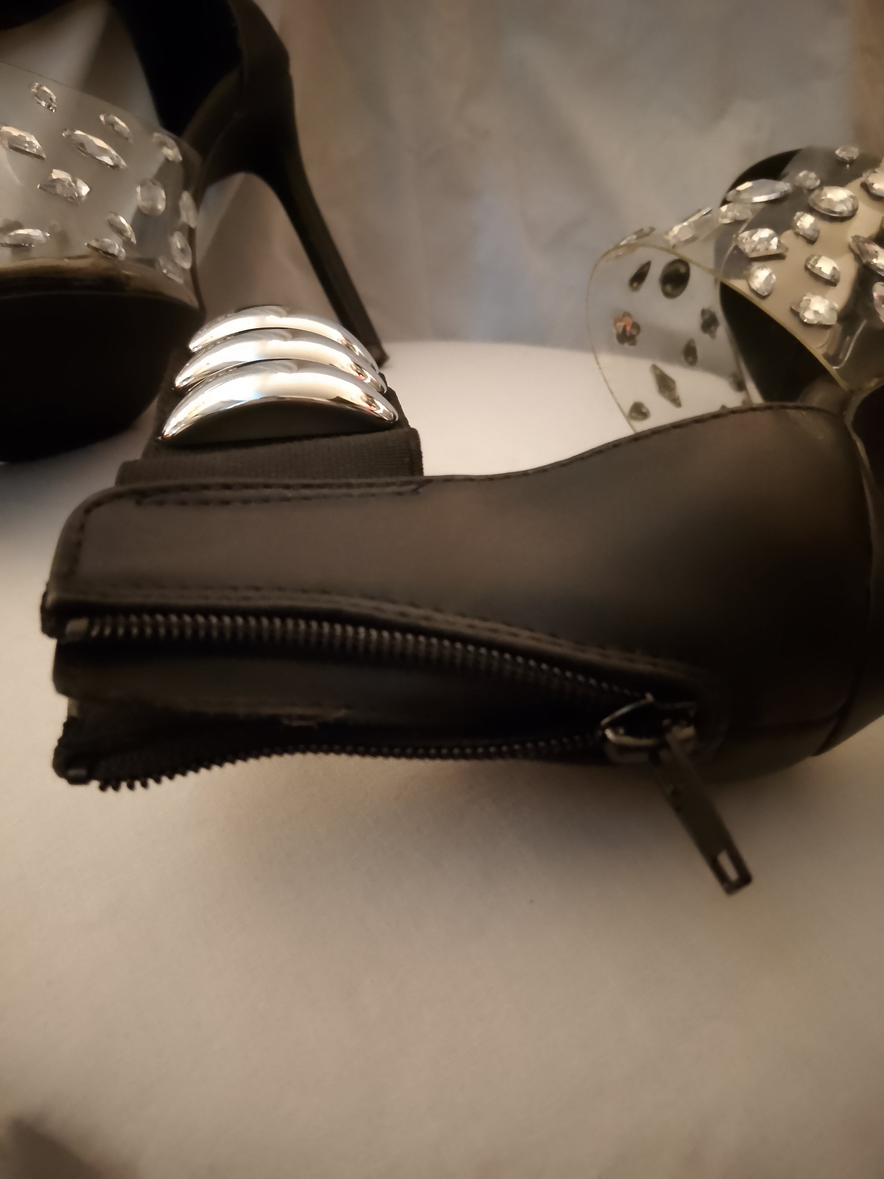 Naughty Or Nice Black & Silver Thick Ankle Strap Stiletto Heel Pumps