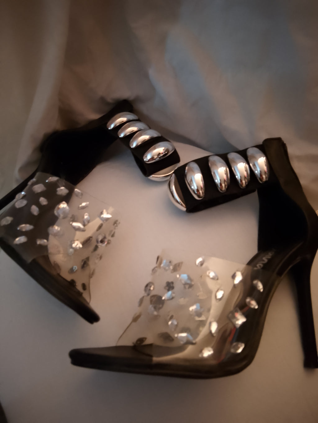 Naughty Or Nice Black & Silver Thick Ankle Strap Stiletto Heel Pumps