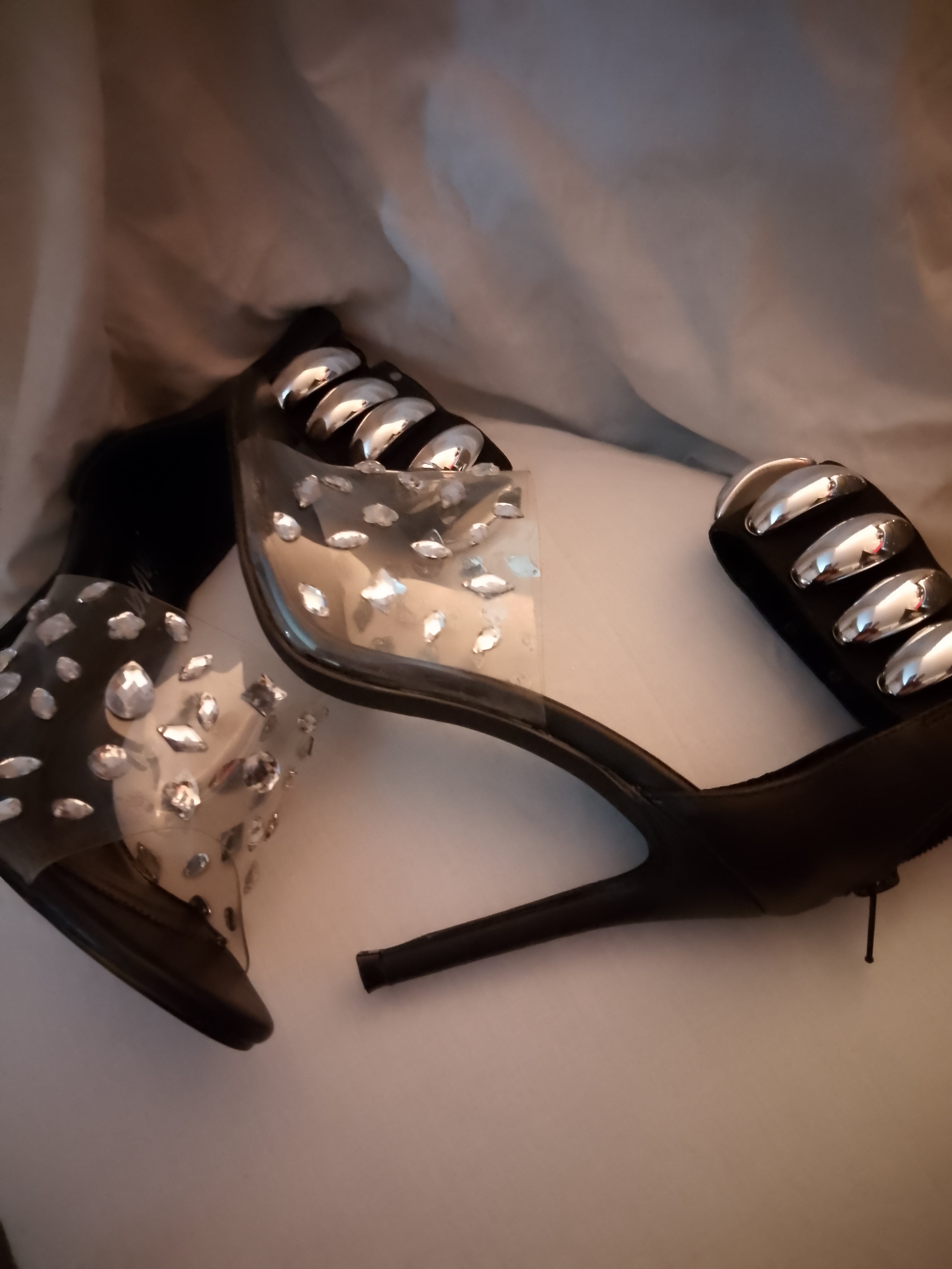 Naughty Or Nice Black & Silver Thick Ankle Strap Stiletto Heel Pumps