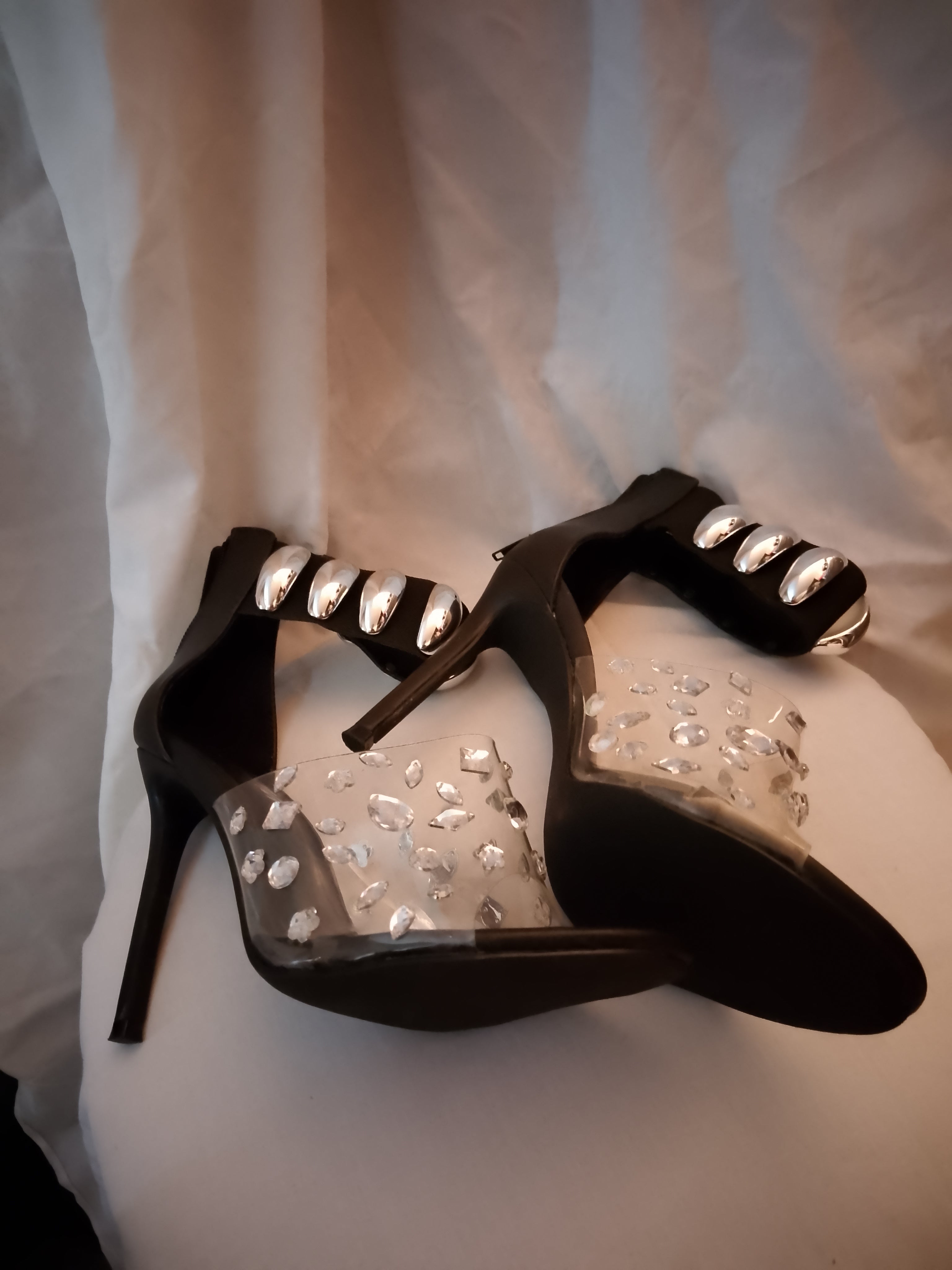 Naughty Or Nice Black & Silver Thick Ankle Strap Stiletto Heel Pumps