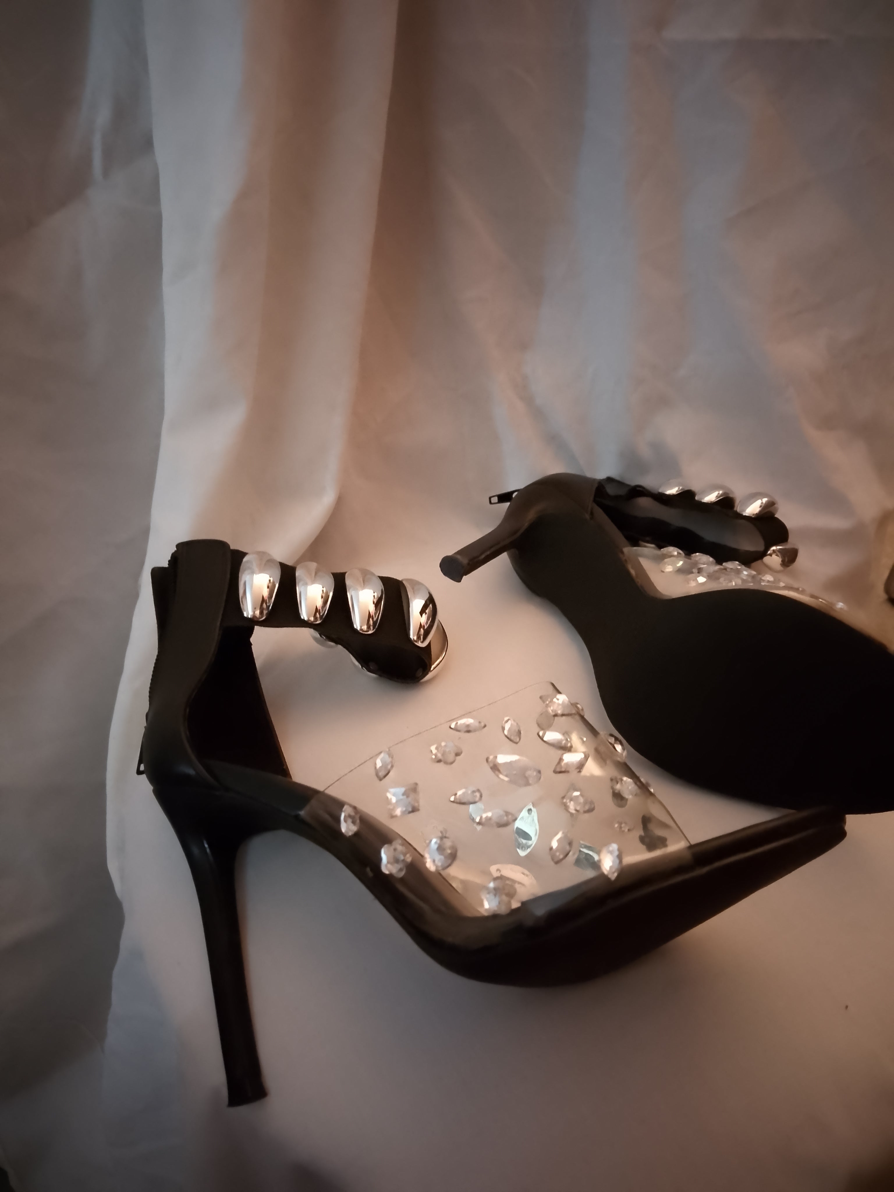 Naughty Or Nice Black & Silver Thick Ankle Strap Stiletto Heel Pumps