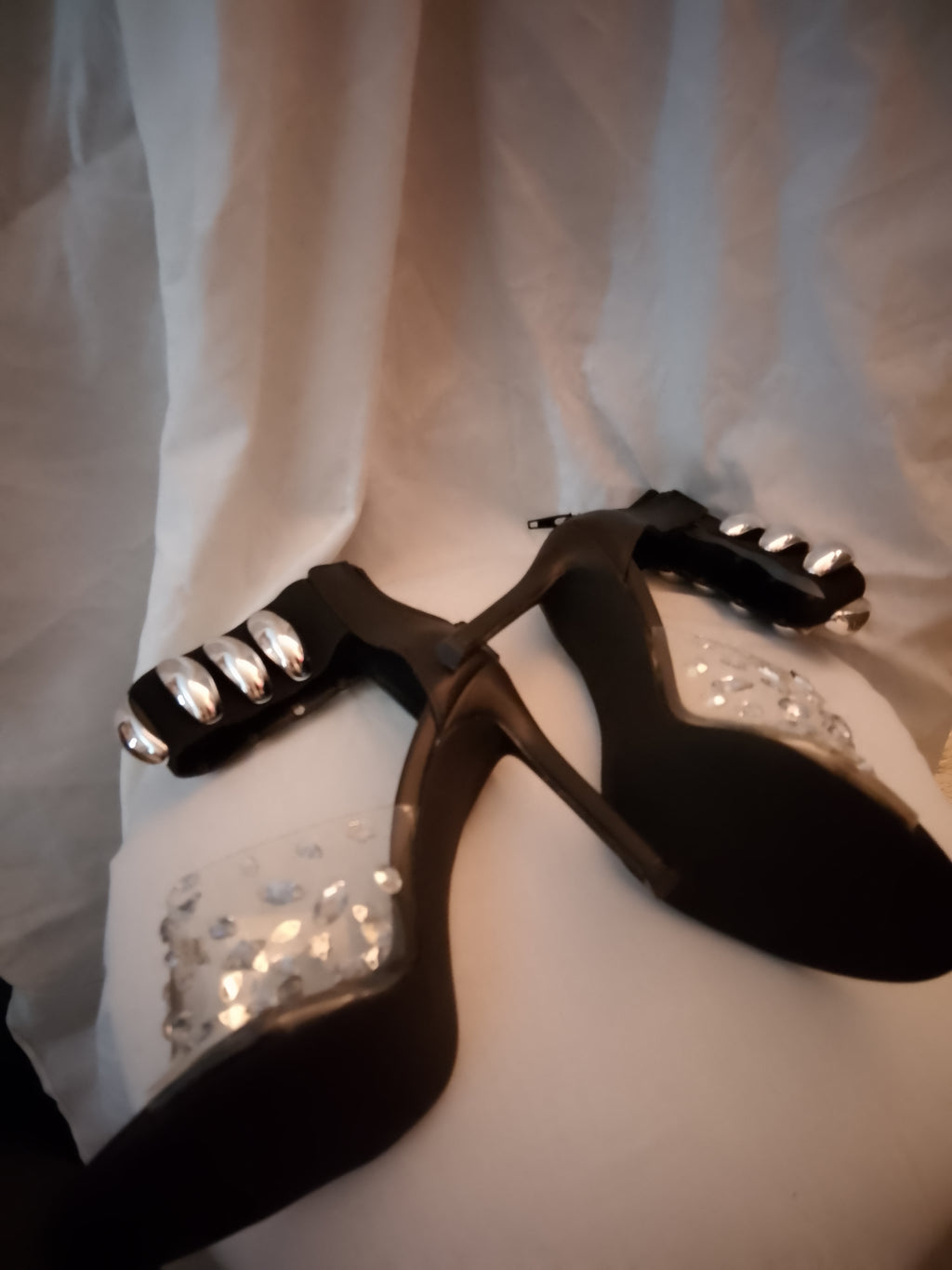 Naughty Or Nice Black & Silver Thick Ankle Strap Stiletto Heel Pumps