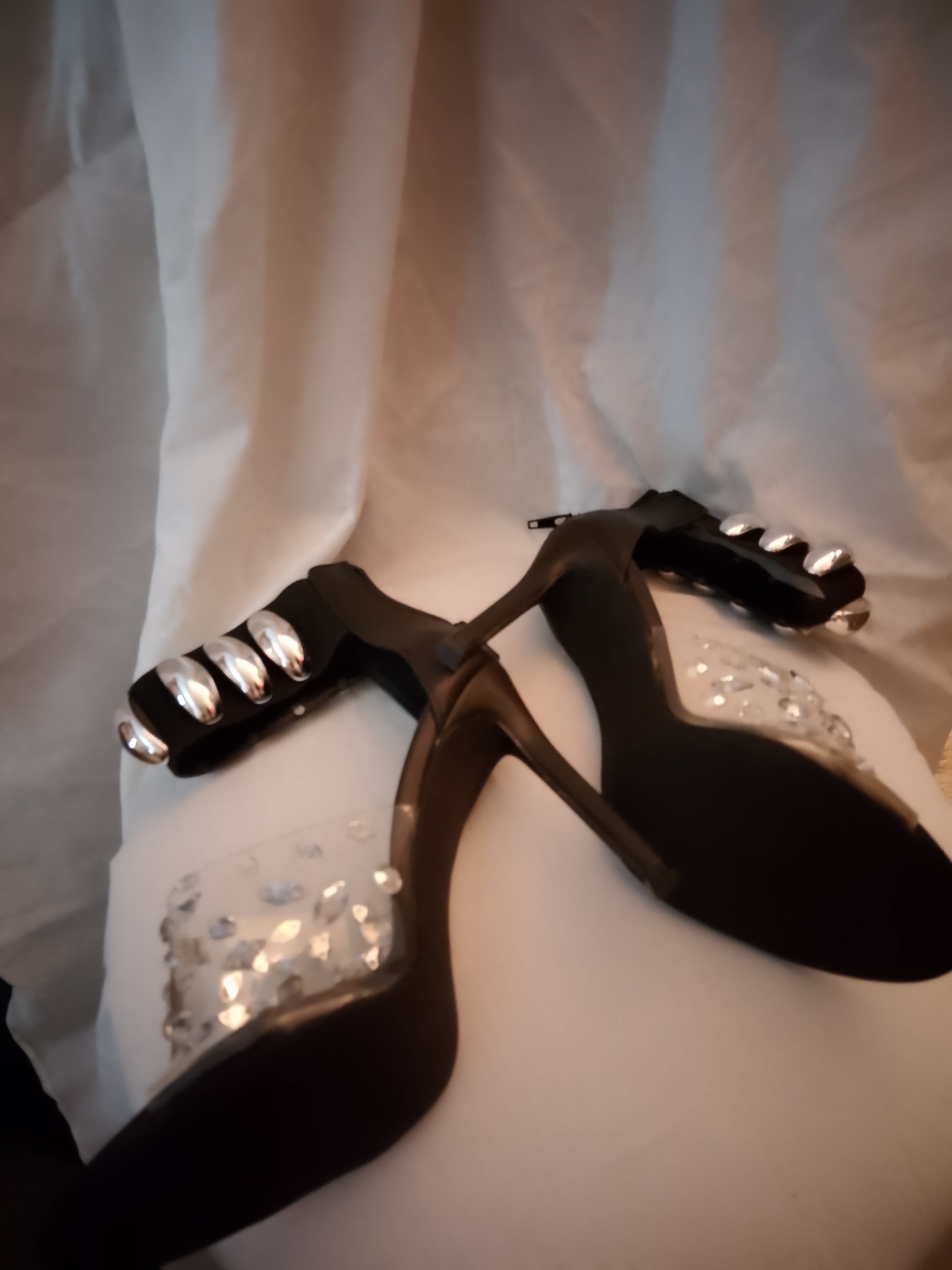 Naughty Or Nice Black & Silver Thick Ankle Strap Stiletto Heel Pumps