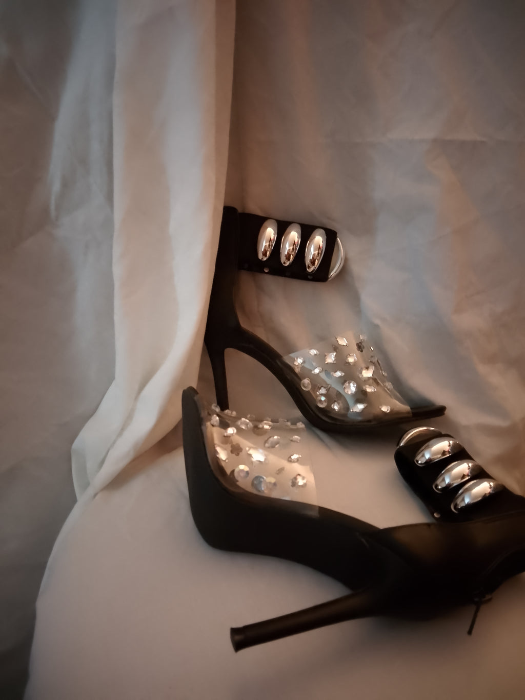 Naughty Or Nice Black & Silver Thick Ankle Strap Stiletto Heel Pumps