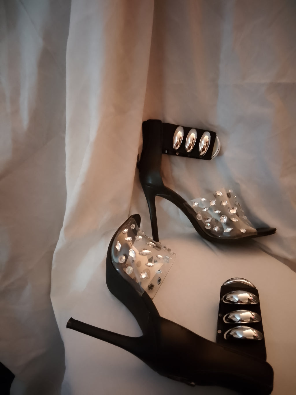 Naughty Or Nice Black & Silver Thick Ankle Strap Stiletto Heel Pumps